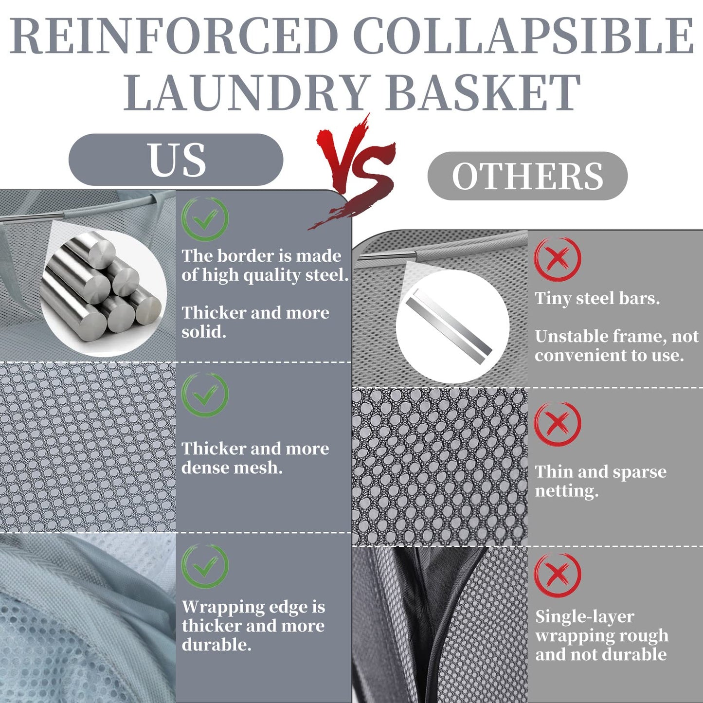 LELE LIFE Reinforced Collapsible Laundry Baskets, 3Pcs High-Strength Mesh Pop Up Laundry Hamper, Foldable Clothes Hamper with Handles and Side Pocket for Laundry Room Dorm, Horizontal