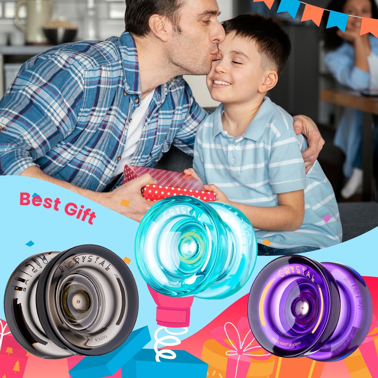 3 Pack of Yoyo K2 Crystal, Responsive Yoyos for Kids Beginner, Dual Function Yoyos with Replacement Unresponsive Yoyo Bearings for Advanced Player+Bearing Removal+18 Yoyo Strings+3 Bags