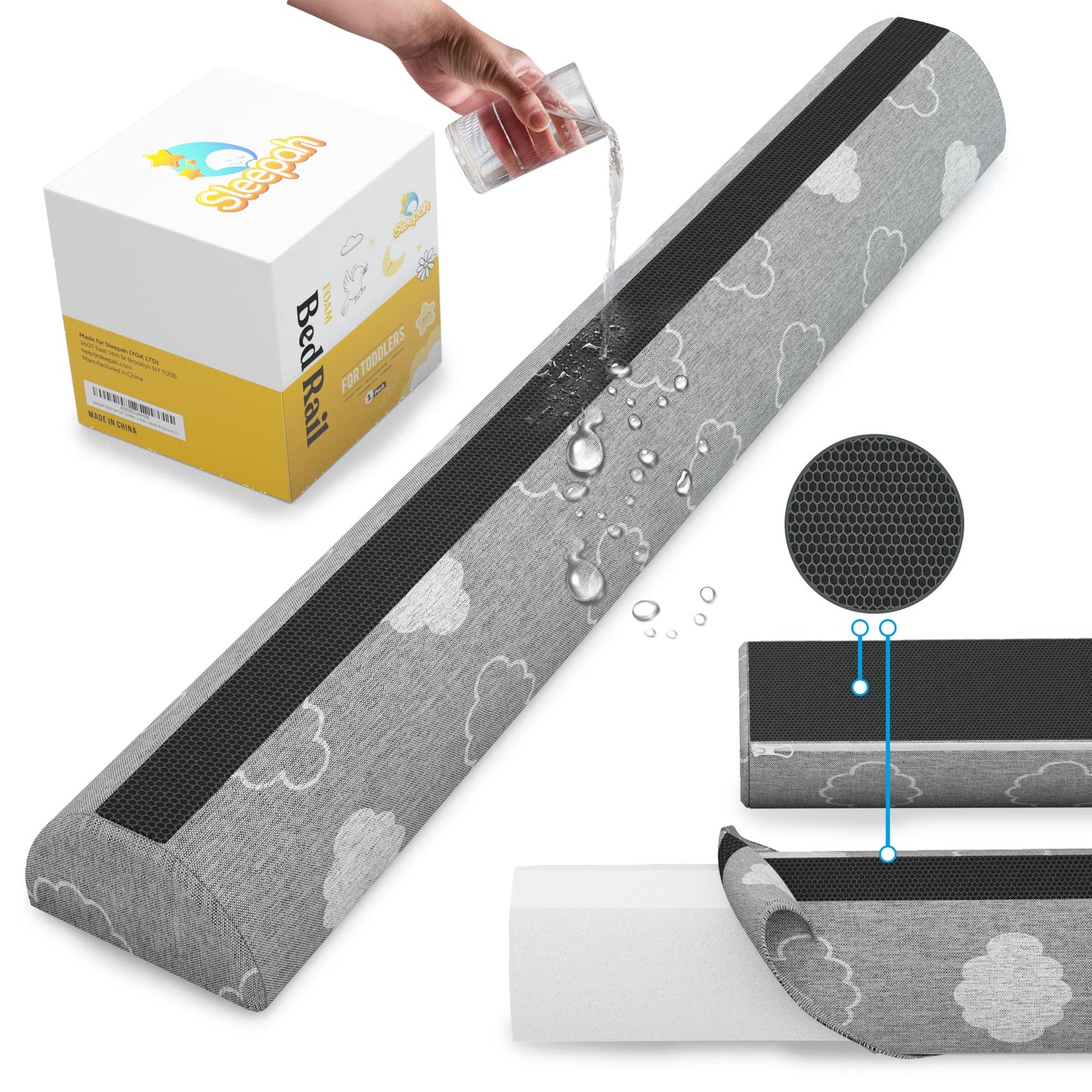 Sleepah Bed Rail for Toddlers (1 Pack) Memory Foam Bed Bumper Guard w Dual Non-Slip Pads (Top & Bottom) Bed Rail is Waterproof Washable Soft Removable Cover for Kids, Adults & Seniors (1)