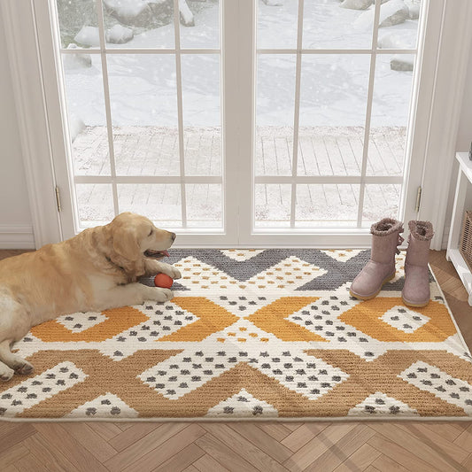 Color G Doormat, Indoor & Outdoor Entrance Mat Geometric Patterns Waterproof Front Door Mat Outside Effective Scraping of Dirt, Non Slip Washable (32"x48", Beige-Brown)