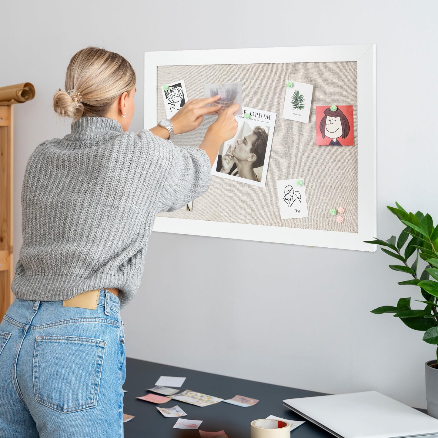 Board2by White Cork Board Bulletin Board with Linen, Wood Framed 30" x 20" Corkboard, Office Board for Wall Decor, Wall Mounted Pin Board Picture Board with 20 Pushpins for School, Home & Office