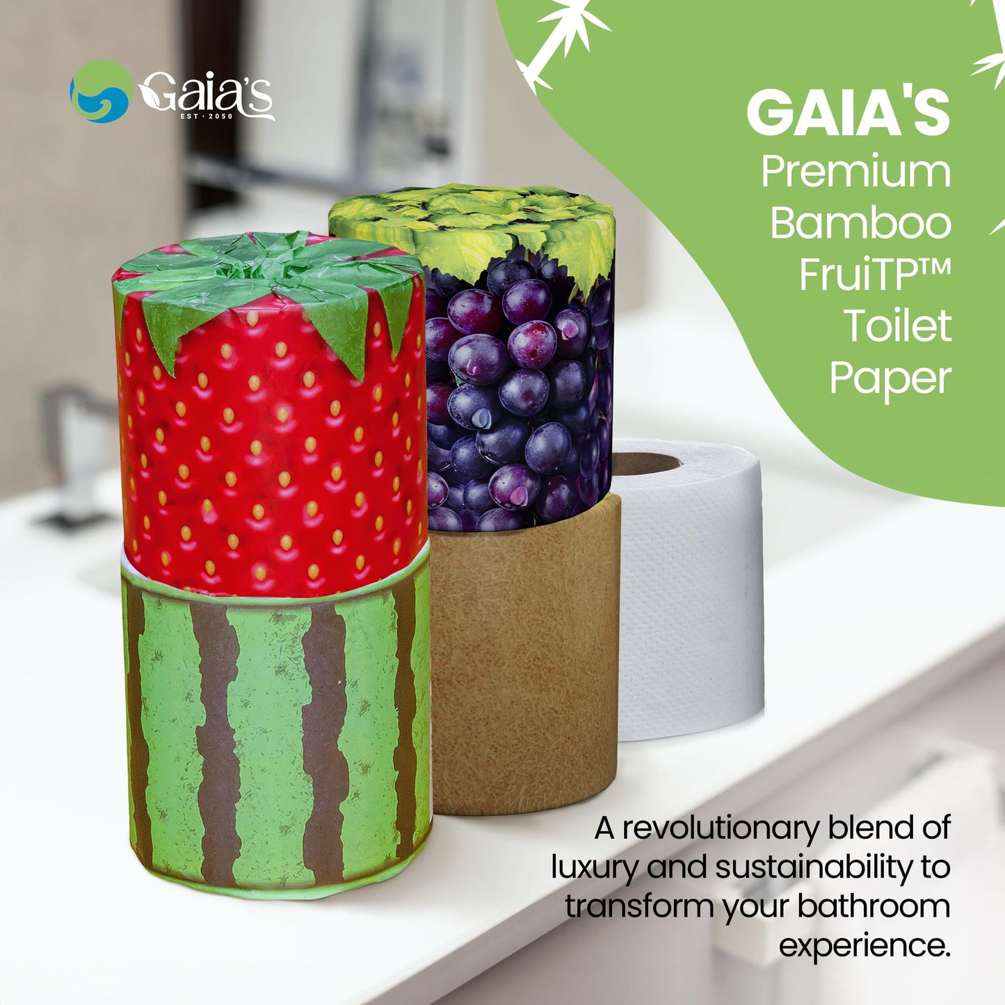 Gaias Premium and Soft FruiTP Organic Bamboo Toilet Paper | 6 Mega Rolls, 3 Ply, 370 Sheets | FSC Certified, PFAS & BPA Free, Eco-Friendly, Sustainable Tissue - Plastic Free Packaging, Septic Safe