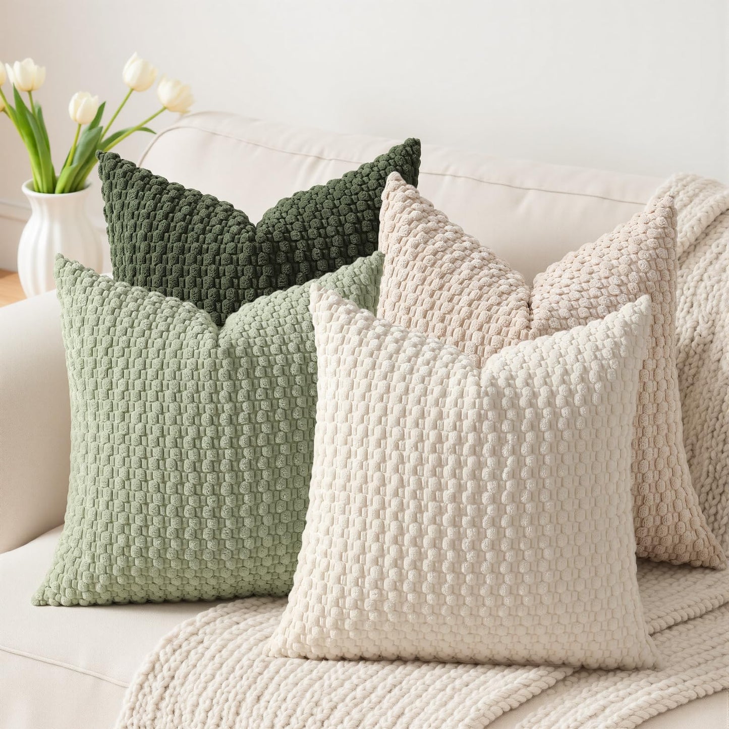 Boho Farmhouse Fall Throw Pillow Covers 18x18 Inch Set of 4 Soft Mordern Nordic Cushion Covers Soft Corduroy Home Decor for Couch Bed Sofa Living Room (Fresh Green)