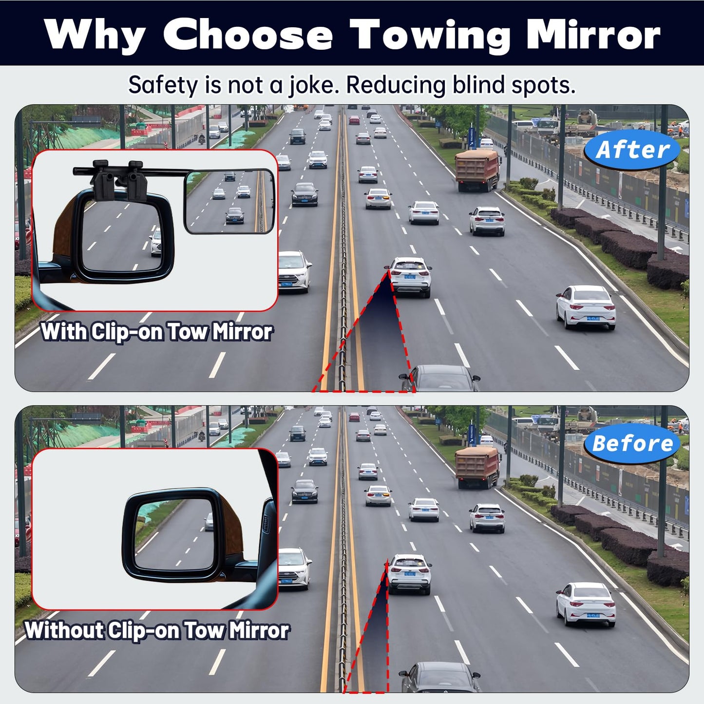 Universal Towing Mirrors, 2 Pack Universal Clip-on Side Mirror Extenders 360 Degree Rotation Adjustable Mirror Adjustable Side Mirror Extension for Towing,Suitable for Most SUV,Trailer,Jeep,RV,Truck ﻿
