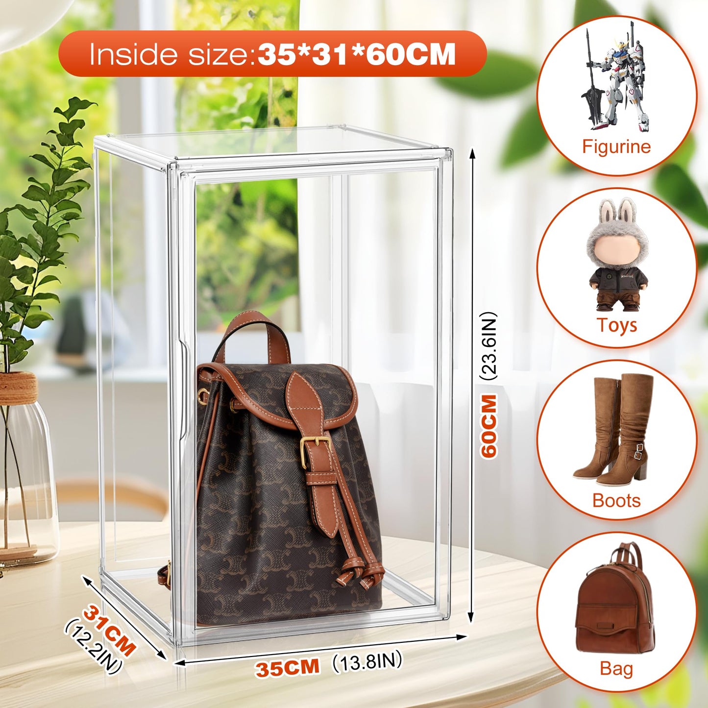 1 Pack Tall Acrylic Display Case XXXXX-Large 13.8”x 12.2”x 23.6" Purse Handbag Organizer Long Stackable Tall Boot Totes Storage Box Clear Giant Figure Collection Showcase with Magnetic Lid