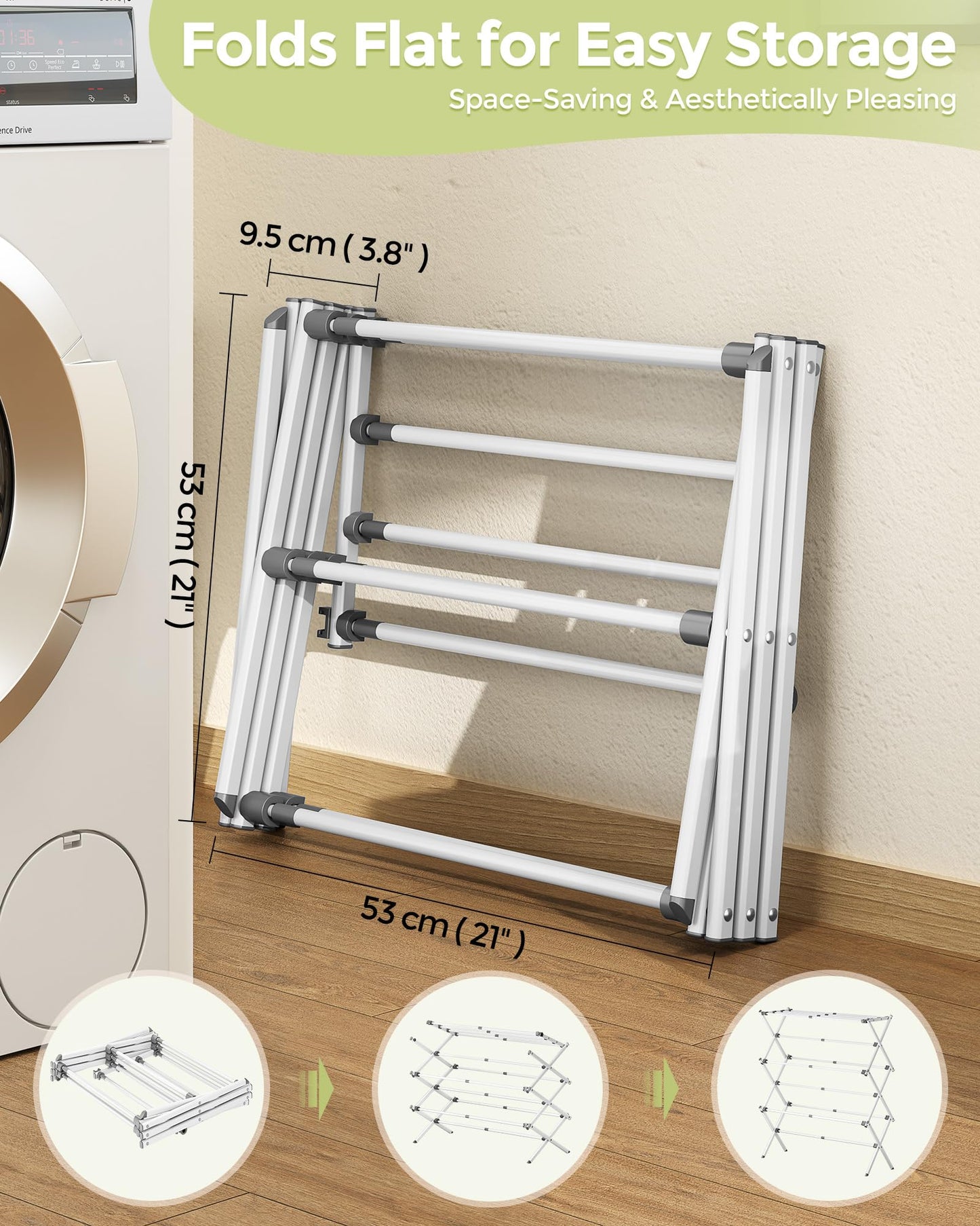 APEXCHASER Clothes Drying Rack, Expandable Drying Rack Clothes, Collapsible 3 Tiers Foldable Laundry Rack Indoor, for Baby Clothe Towels Bibs, White, 37.6inch