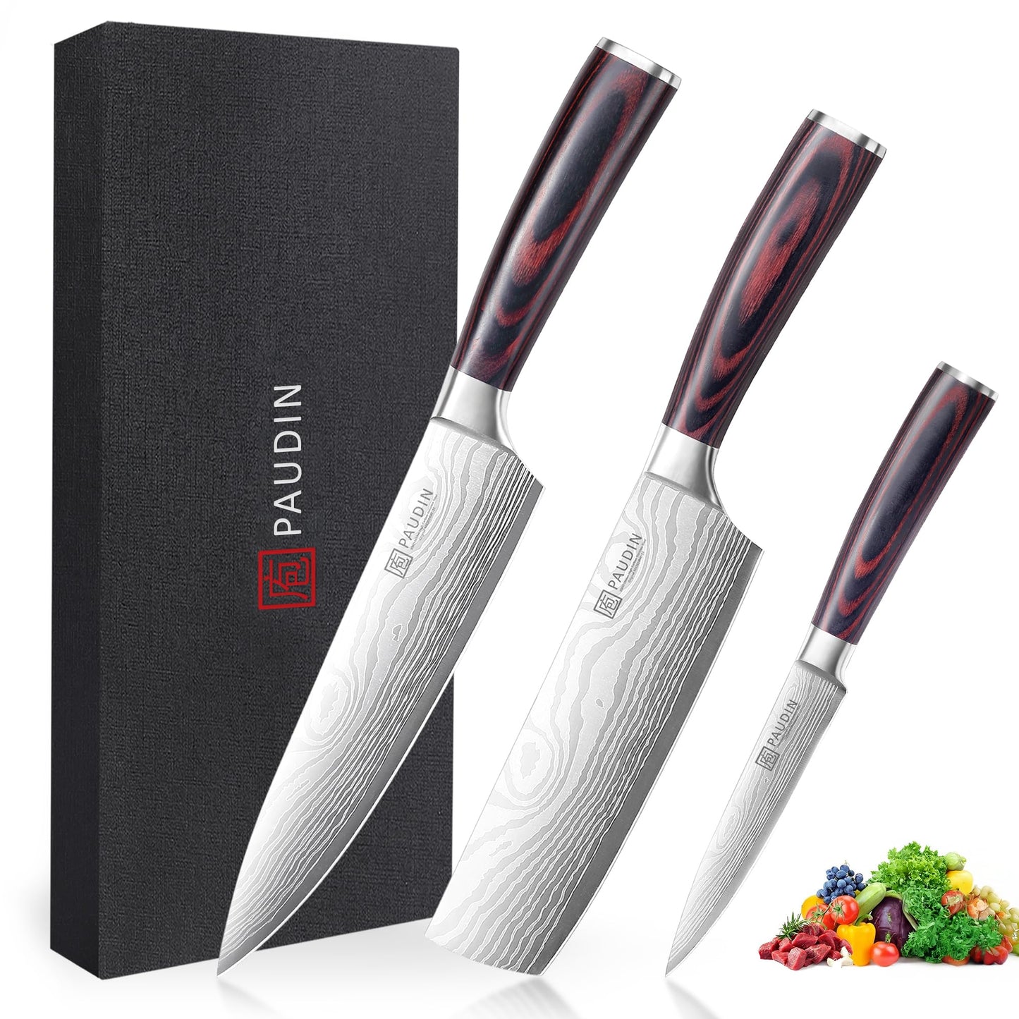 PAUDIN Kitchen Knife Set, Professional Knives Set, Chef Knife Set with Sharp High Carbon Stainless Steel Blade and Pakkawood Handle, Japanese Knife Set with Gift Box (3 PCS Knife Set)