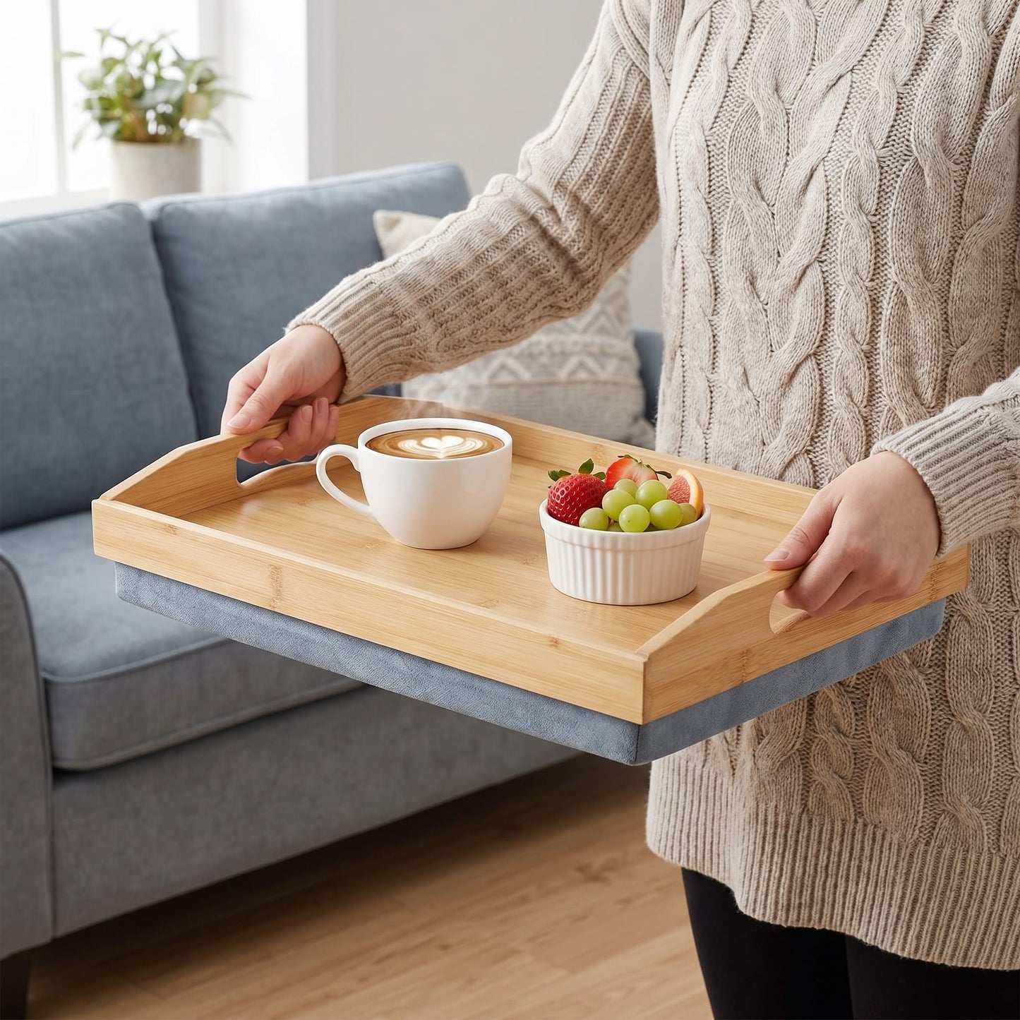 Cedilis Bamboo Lap Tray with Detachable Pillow, 16.9 x13 in Serving Tray with Handles, Bed Tray for Eating, Breakfast Tray, Dinner Food Trays