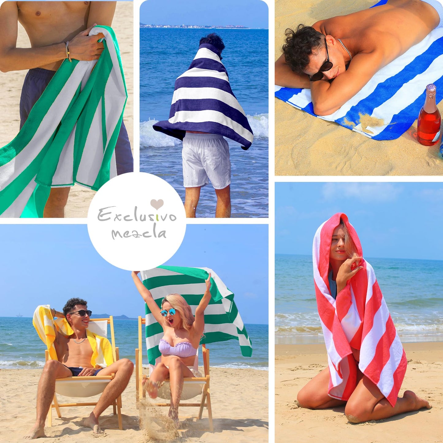 Exclusivo Mezcla 4 Pack Beach Towels, Large Microfiber Striped Beach Bath Pool Towel Set for Kids and Adults, Lightweight and Absorbent, 30x60 Inches, Blue/Green/Yellow/Pink