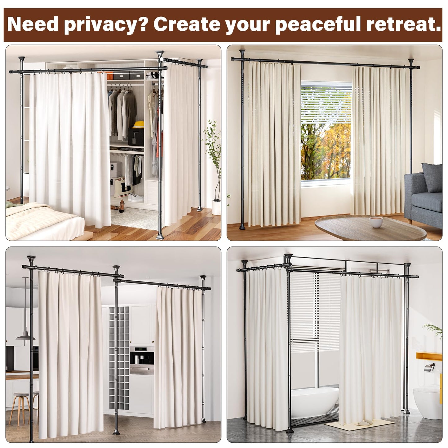 Room Divider Curtain Rod, No Drilling Tension Curtain Rod, 4-10ft H x 28-114in W Adjustable, Heavy Duty Freestanding Room Divider for Space Partition & Room Separation, Black