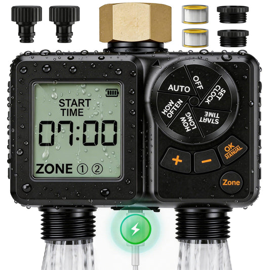 2 Zone Water Timer for Garden Hose, 2000mAh Rechargeable Sprinkler Timer with Brass Inlet, 2.8" LCD, IPX6 Waterproof, Rain Delay/Manual/Auto Mode, Hose Timer for Drip Irrigation Lawn Watering System