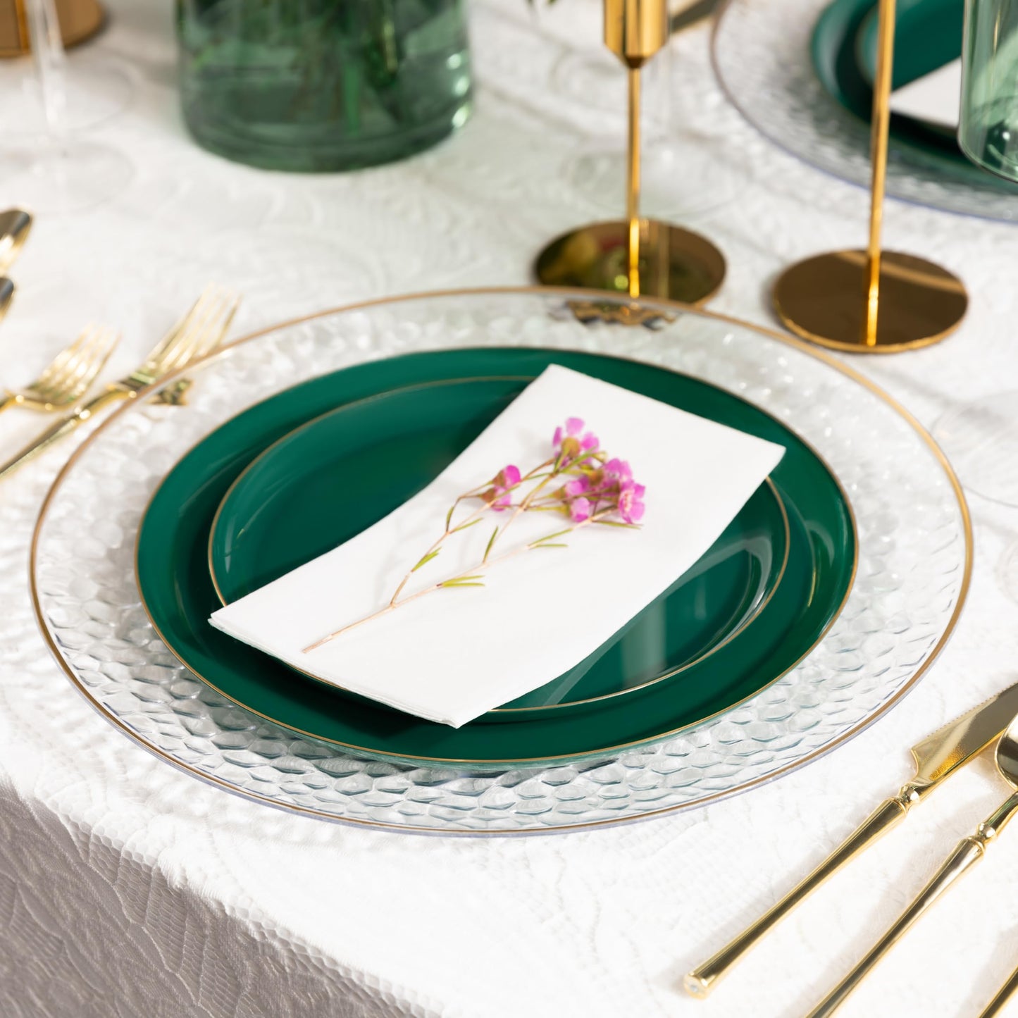PLASTICPRO 40 Piece Combo Plates Set includes 20-6.3'' inch Plates & 20-8.6'' inch Plate Emerald Green Plastic with Gold Rim Design Party, Festival, Wedding, Plate, Disposable, Tableware, Dishes