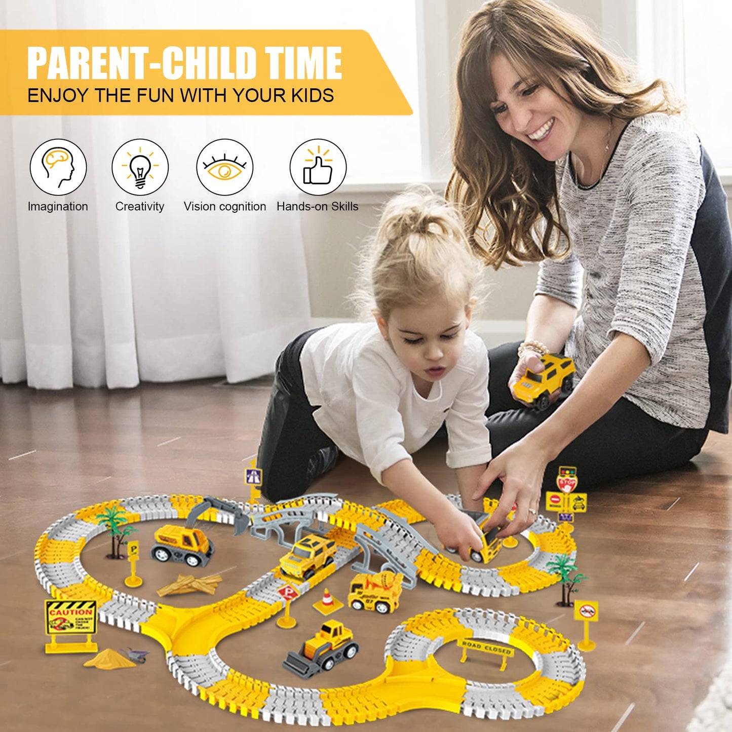 Kizplays 260 PCS Construction Race Tracks for Kids Toys, 2 Cars, 4 Construction Cars, 1 Map & Flexible DIY Track Set, Engineering Toys for 3 4 5 6 Year Old Boys Girls