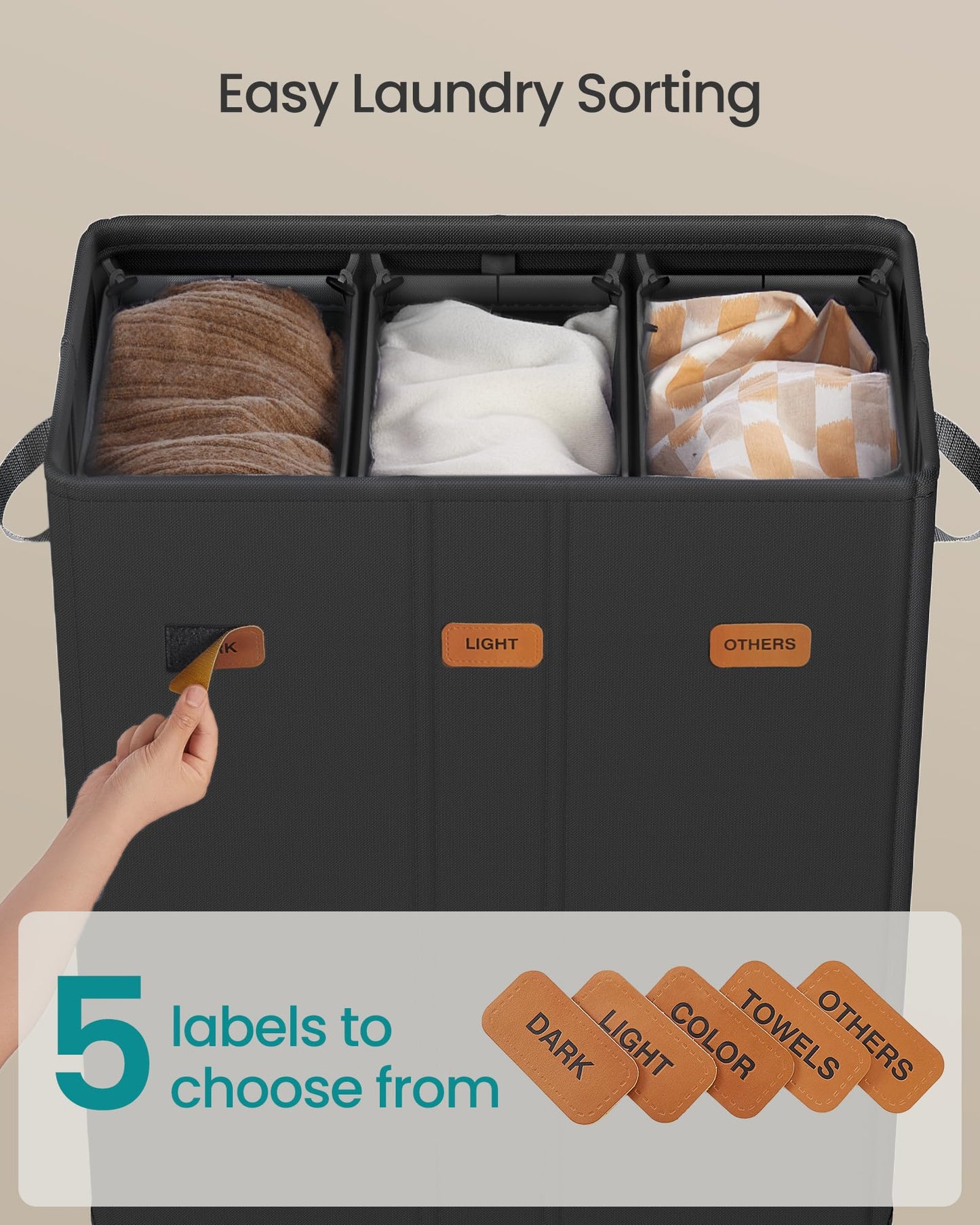 SONGMICS 42.2 Gallon (160 L) Laundry Hamper, 3-Compartment Laundry Basket Sorter with Lid, Labels, Removable Liner Bags, for Bedroom, Ink Black URLH013B01