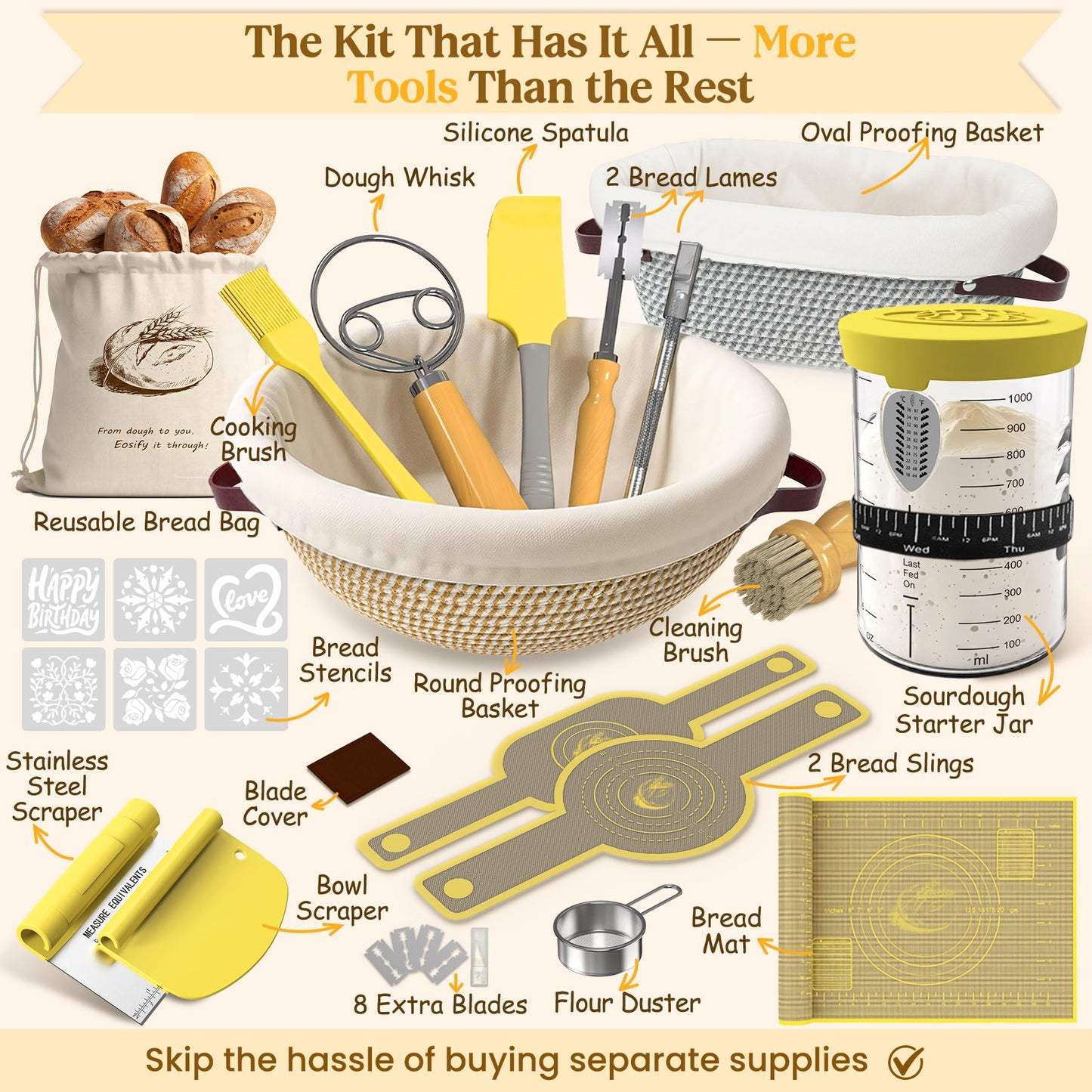 Sourdough Bread Starter Kit – Complete Sourdough Kit with Cotton Banneton Proofing Basket, 34oz Sourdough Starter Jar & Sourdough Tools – Sour Dough Starter Kits Gift for Bakers Beginners Moms