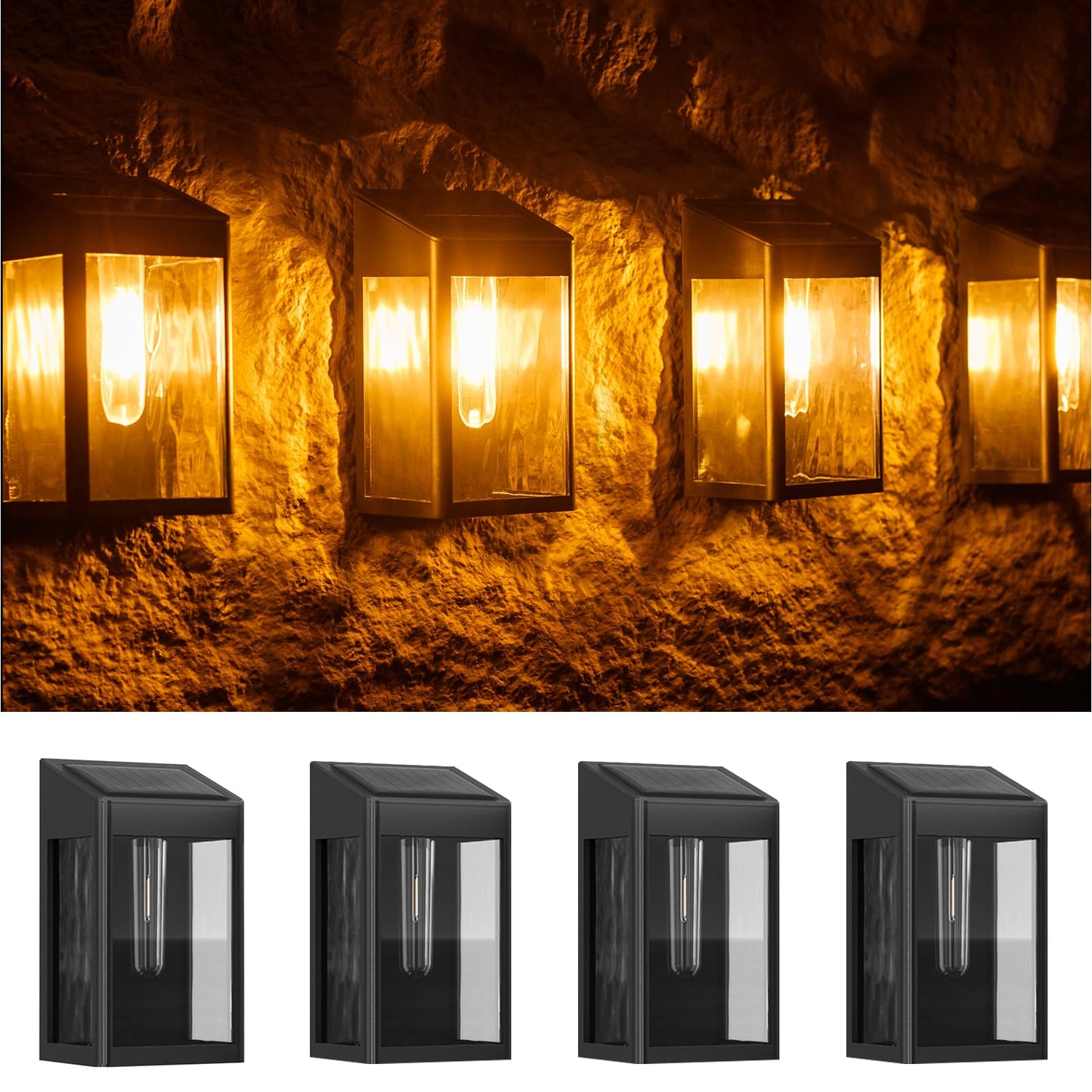 Solar Wall Light Outdoor, 4 Pack Solar Fence Lights with Auto On/Off, Waterproof, Dusk to Dawn Porch Lights Fixture for Wall Patio Porch Hallway Stairs Backyard Entryway Front Door, Warm White