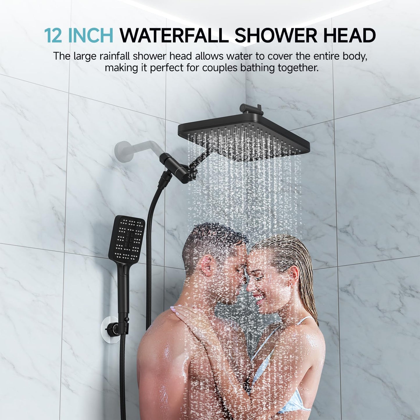 High Pressure Rain Shower Head with Handheld Spray Combo Set, Adjustable 12" Rainfall Dual Shower Head, Double&Tandem Shower Head, Waterfall Showerhead Bathroom -Matte Black