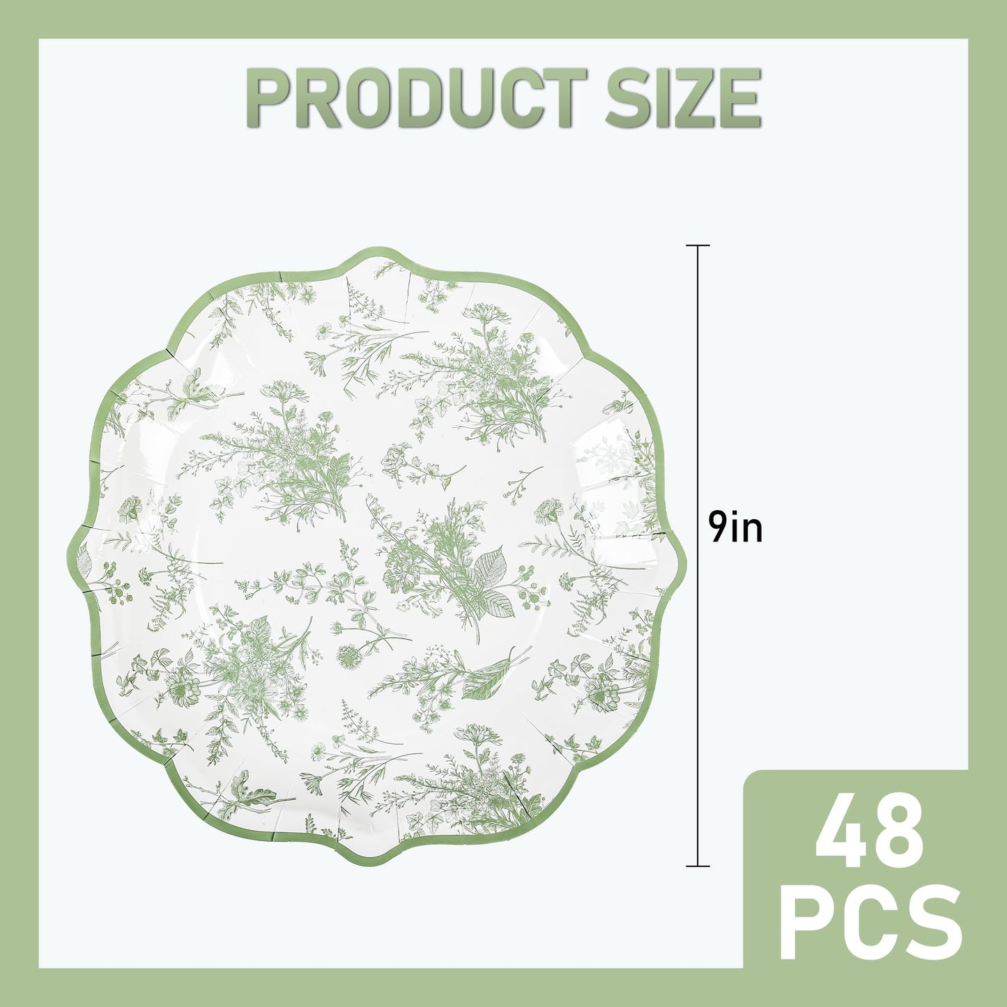 Elyxio Sage Green Floral Party Plates White Green Toile Disposable Paper Plates Flower Leaf 9" Scalloped Edge Dinner Plates for Bridal Baby Shower Wedding Tea Party Supplies Table Decor (48)