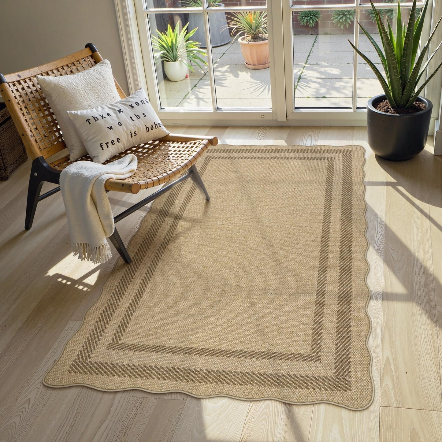 LIVEBOX Farmhouse Washable 3x5 Kitchen Rug, Easy Jute Geometri Tan Rugs for Entryway, Indoor Outdoor Scalloped Rug Boho Morden Carpet Door Mat Area Rug for Bedroom Laundry Room Hallway
