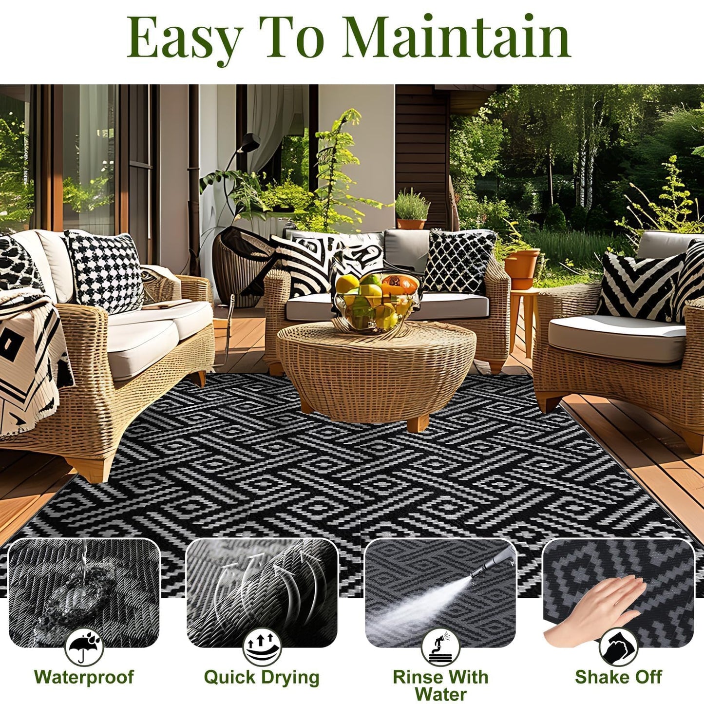 OPPODREAM Outdoor Rug 6x9 Ft, Waterproof Outdoor Plastic Straw Rug for Patio, Reversible Out Door Carpet for Camping, Deck, Rv, 6 x 9 Area Carpet Balcony, Porch, Backyard, Black and Grey