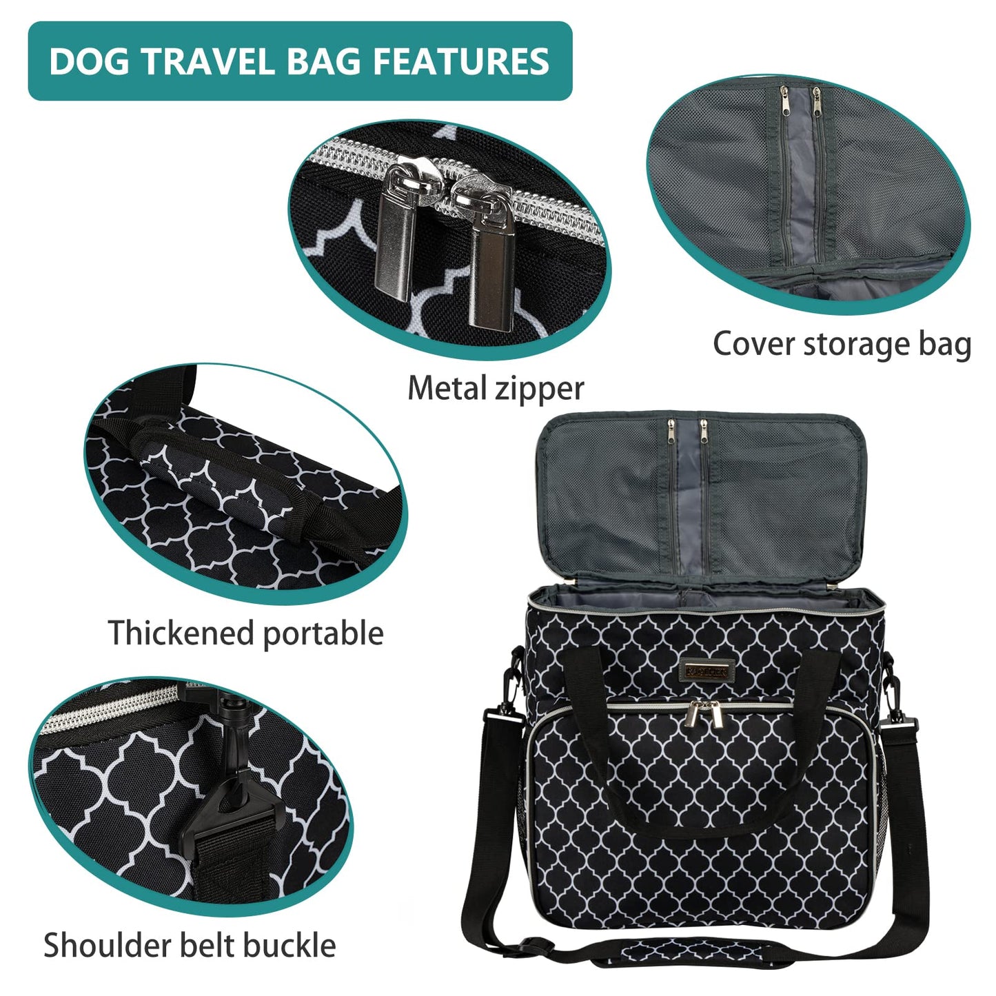 BAGLHER Dog Travel Bag, Pet Travel Bag（All Pet Travel Supplies）, with 2 Pet Food Containers and 3 Collapsible Silicone Bowls; Essential Kits for Pet Travel DLblack