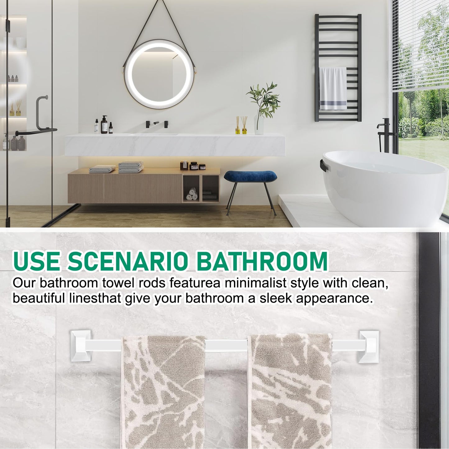 24-Inch Spring End Wall-Mounted Towel Bar, Adjustable Sturdy Plastic Towel Holder for Bathroom Kitchen Towel Storage White