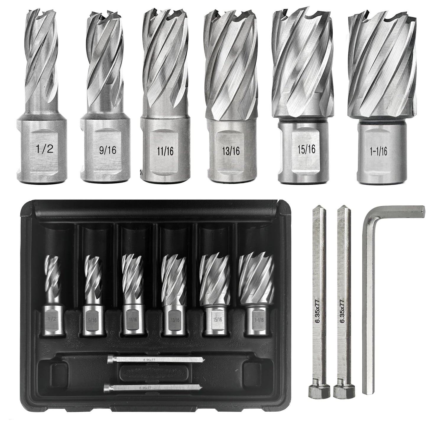 Pro Edge 6pcs Annular Cutter Set, 1" Cutting Depth, 1/2" to 1-1/16" Cutting Diameter, M2 Mag Drill Bits for Magnetic Drill Press with 2 Pilot Pin & 1 Hex Wrench, for Steel, Aluminum, Copper