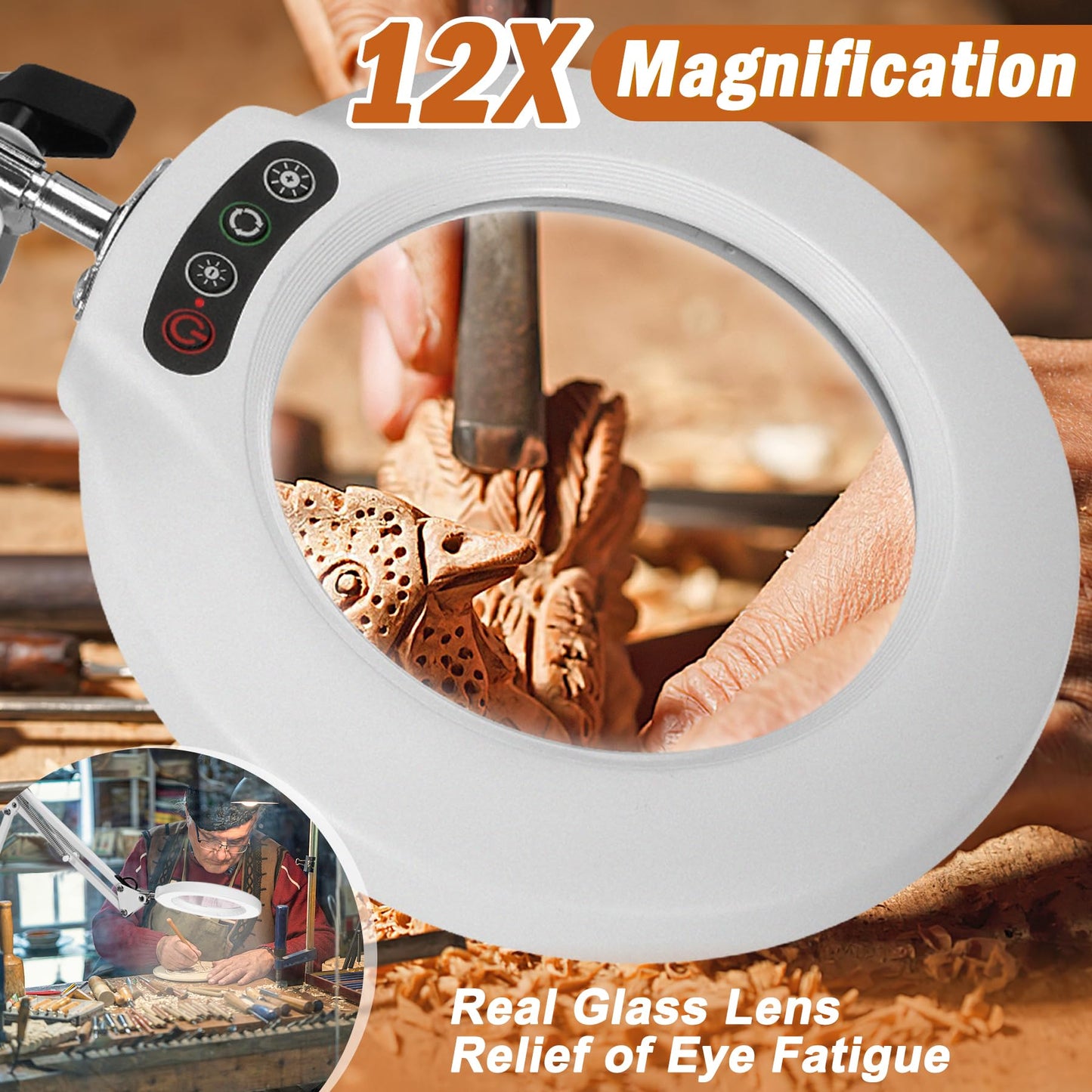 Veemagni 12X Magnifying Glass with Light, 5 Color Modes Stepless Dimmable 2-in-1 Desk Lamp and Clamp, LED Lighted Magnifier and Stand, Hands Free for Craft Repair Hobby Painting Close Work White