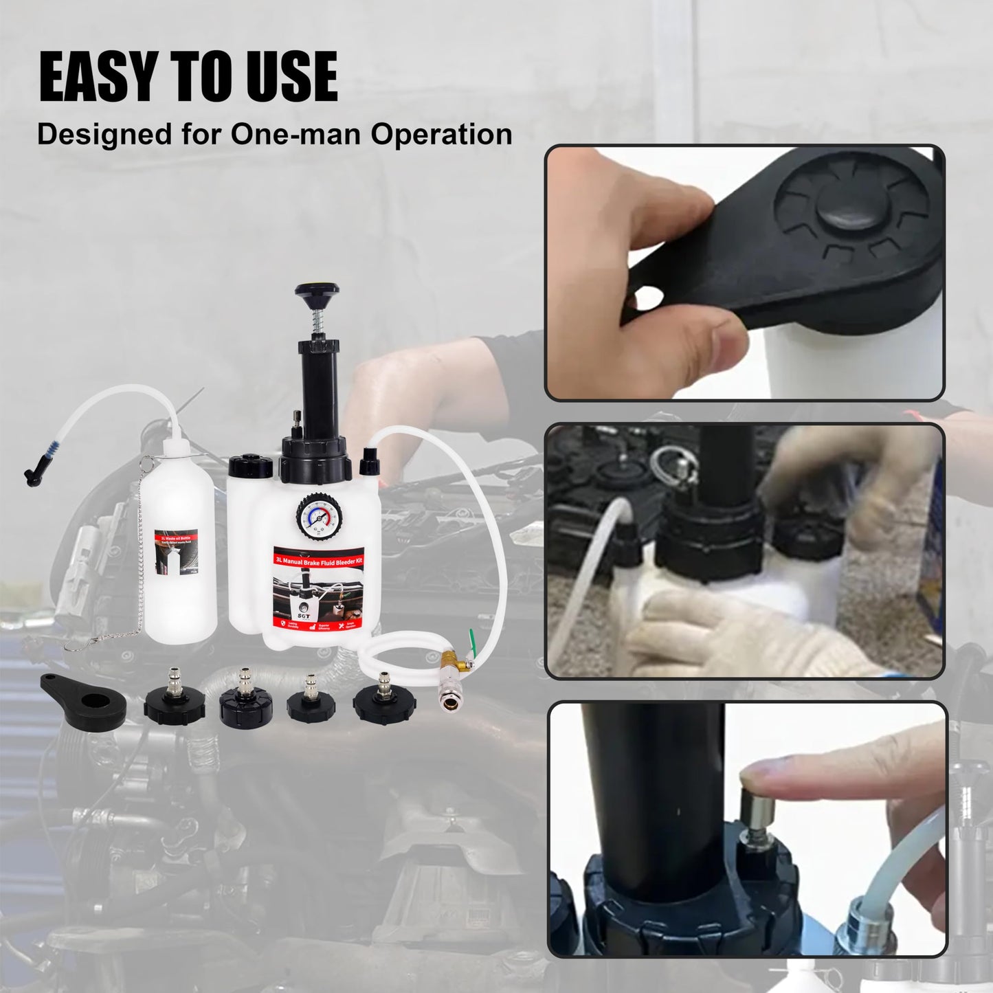 SGT 3L Brake Bleeder Kit，Manual Brake Bleeder Fluid Pump with 1L Brake Fluid Bleed Bottle and 4 Master Cylinder Adapters for Most Vehicles