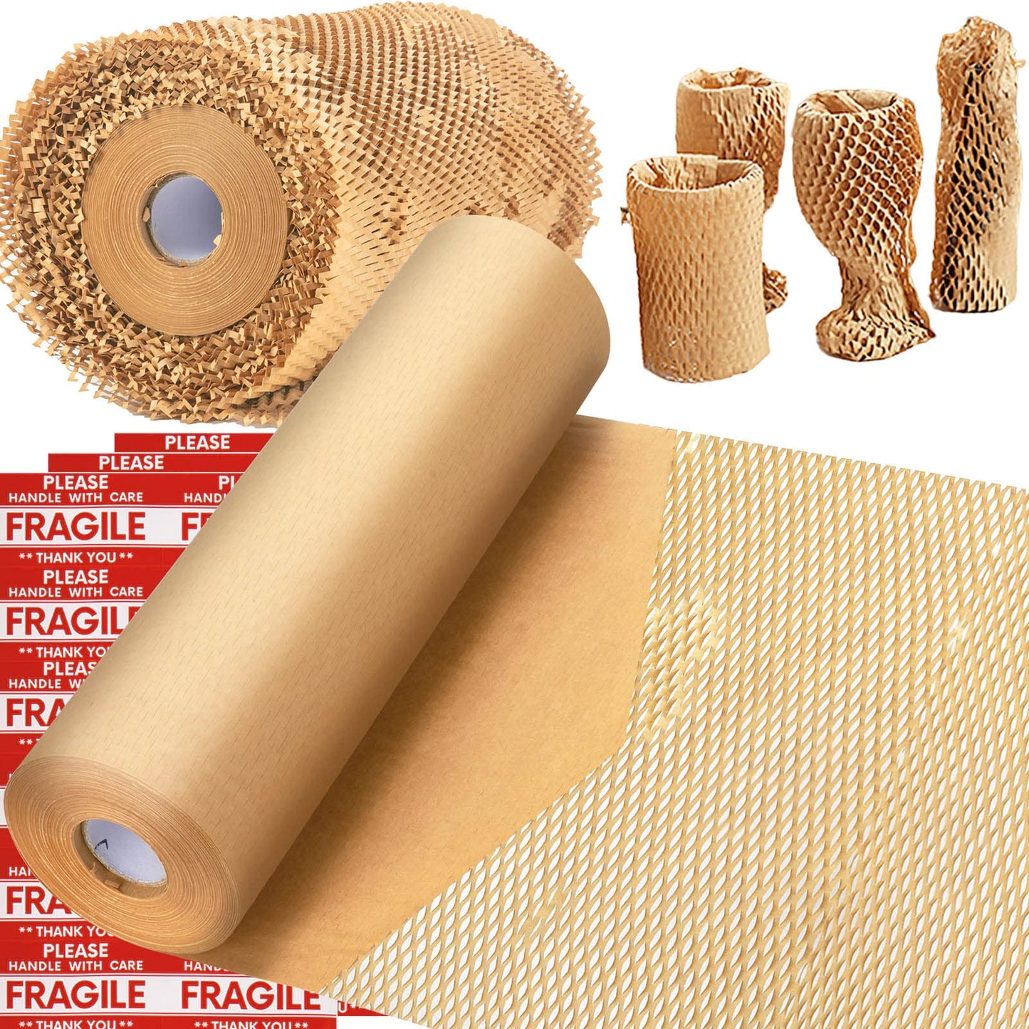 Honeycomb Packing Paper, MINHAO 15"x400' Eco Friendly Packing Paper for Moving Recyclable Honeycomb Paper Moving Supplies Bubble Wrapping Protective Roll, With 36 Fragile Sticker Labels