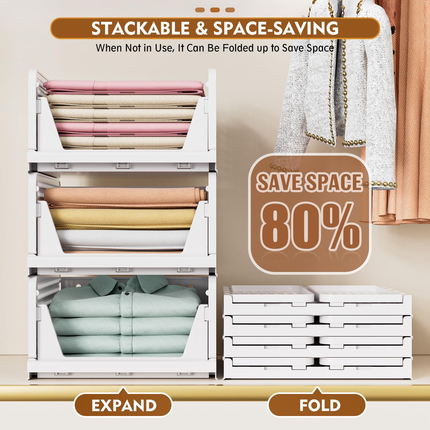 SNSLXH 5 Pack White Stackable Closet Organizer Box, Multifunctional & Foldable Storage Basket for Bathroom, Kitchen, Laundry Room, Wardrobe, Space-Saving Clothes Storage Drawer Organizer