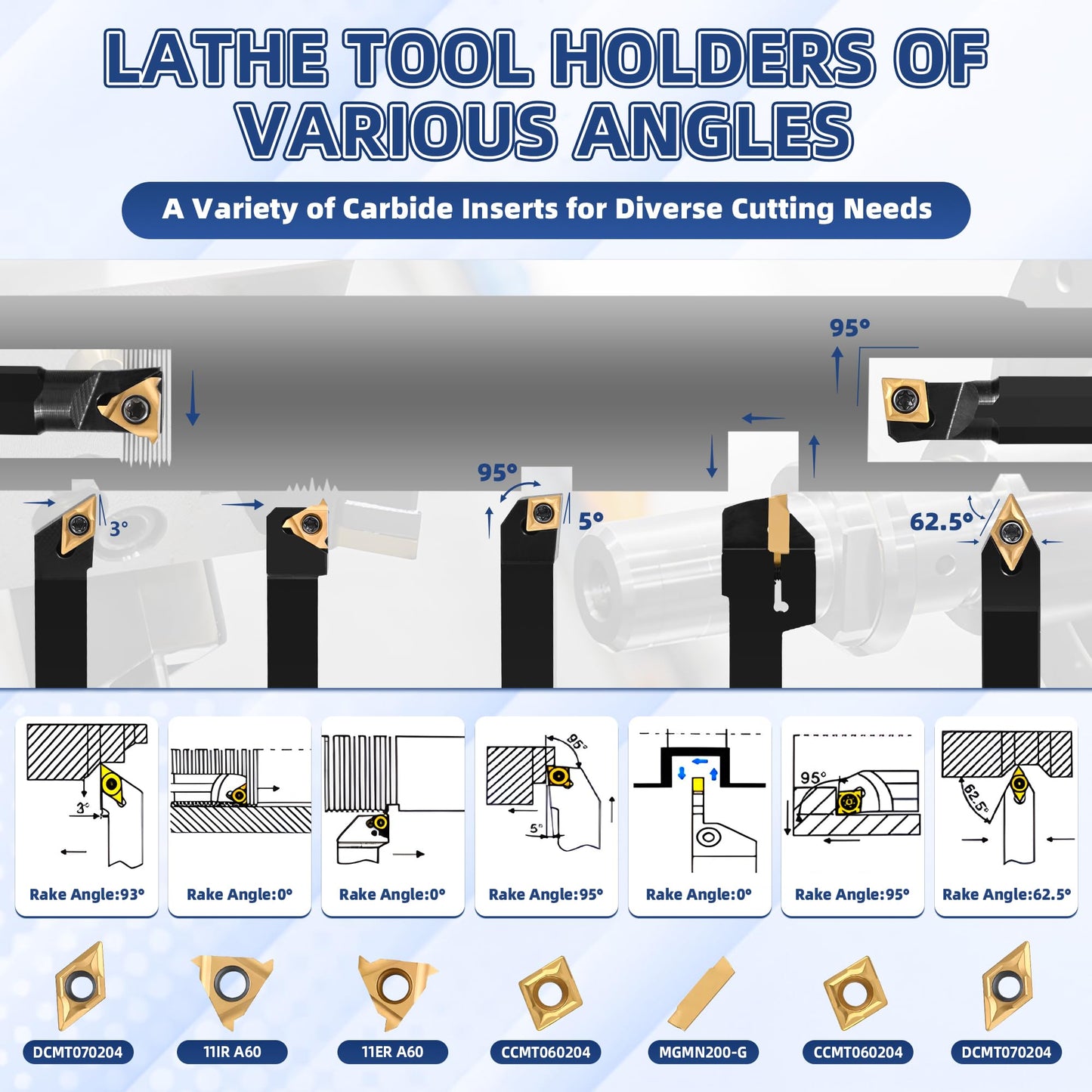 Eydutoi 21Pcs Kit Lathe Turning Tool Holders 7Pcs 3/8" 10mm Indexable Metal Tools Holder Boring Bar Set with 14Pcs Carbide Inserts for Boring Cutting Grooving Turning Threading