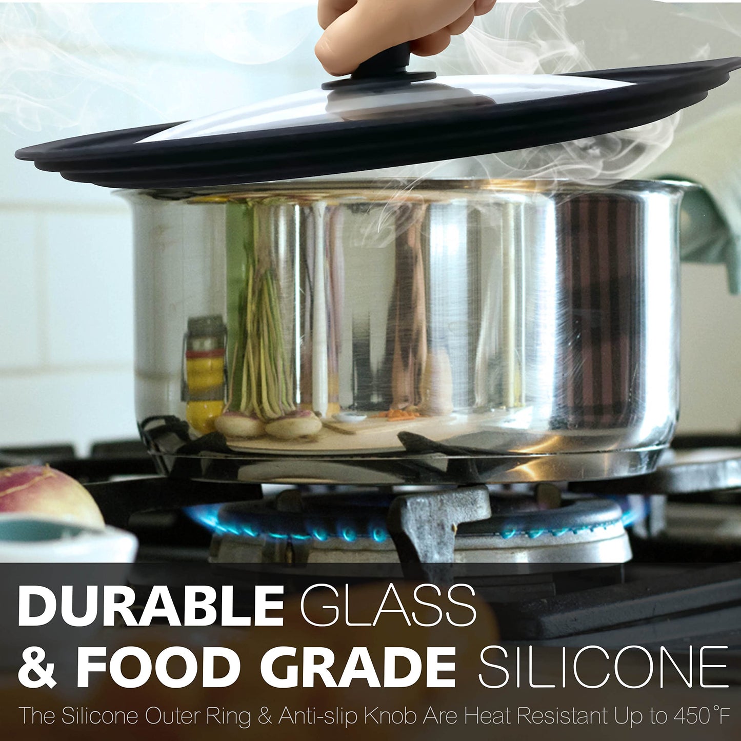 Anaeat Silicone Universal Lid for Pots, Pans and Skillets - Tempered Glass with Heat Resistant Silicone Rim Fits 11", 12" and 12.5" Diameter Cookware -Easy to Use Replacement Frying Pan Cover