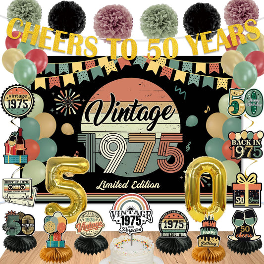 40pcs Vintage 50th Birthday Decorations for Men Women,Pre-strung Back in 1975 Birthday Party Supplies- 1975 Backdrop,Cake Topper,50th Banner,Balloons,6 Table Centerpieces,Hanging Swirls,Paper Pompoms
