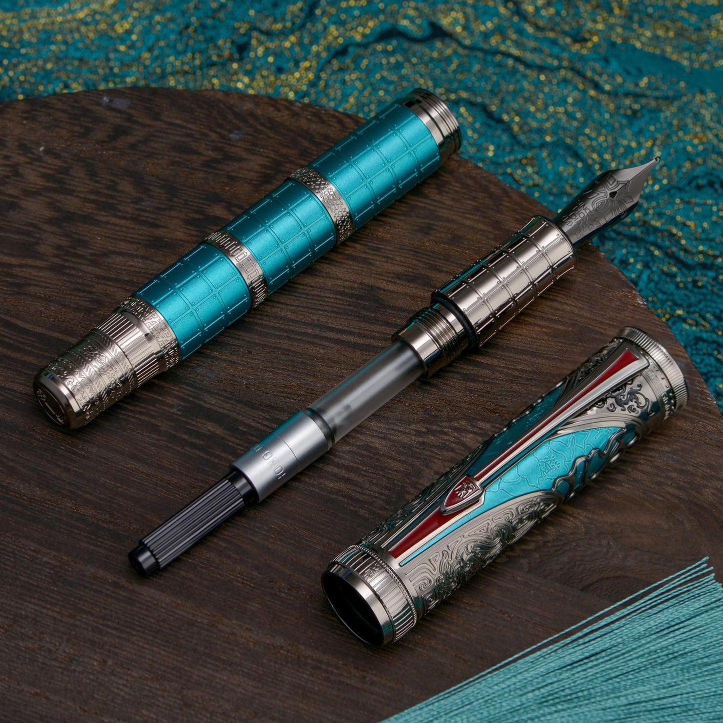 Hongdian D5X Fountain Pen Turquoise Color Medium Nib, Qin Dynasty Retro Chinese Totem Engraving Smooth Writing Pen with Converter and Pen Box Set