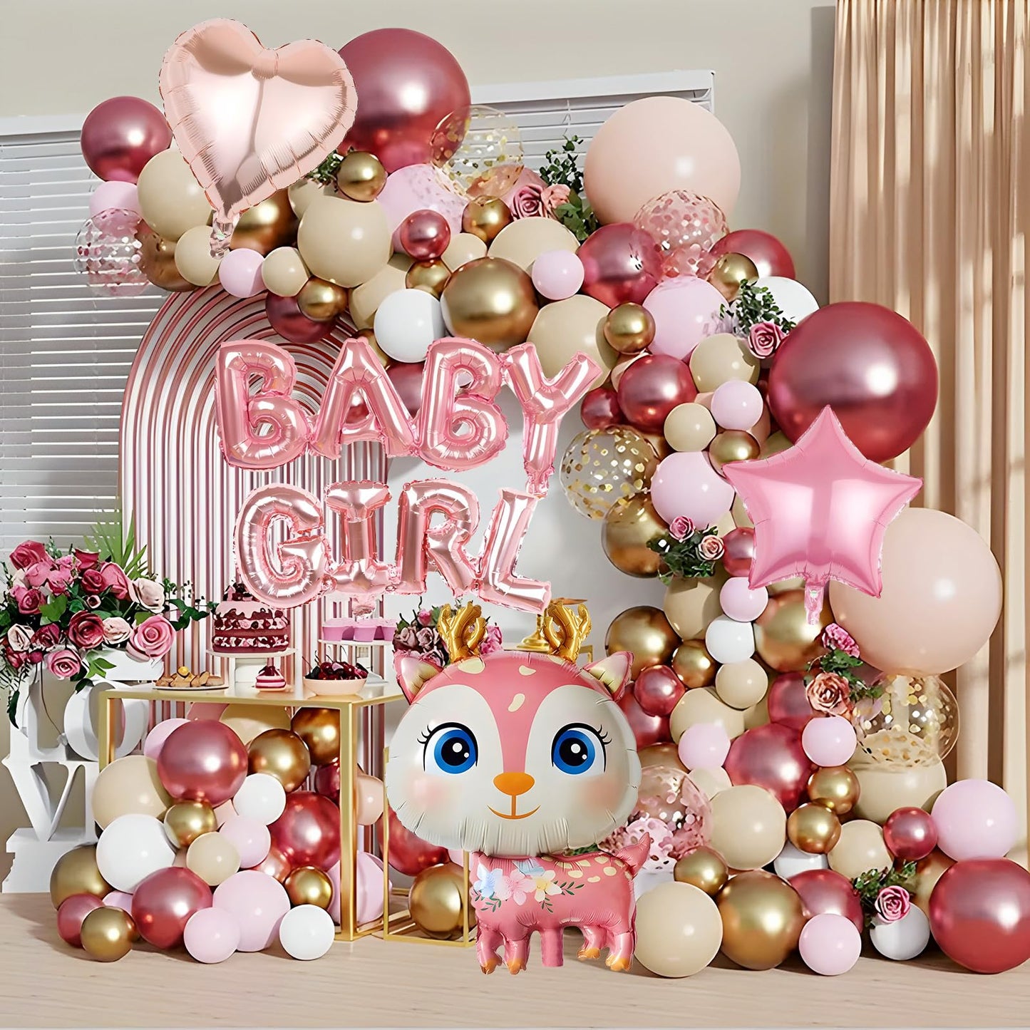 165PCS Rose Pink Baby Shower Party Decorations For Girl- Rose Gold Balloons Boxes with Baby Letters,"baby girl "for Baby Shower, Fringe Curtain Gender Reveal,Birthday Party