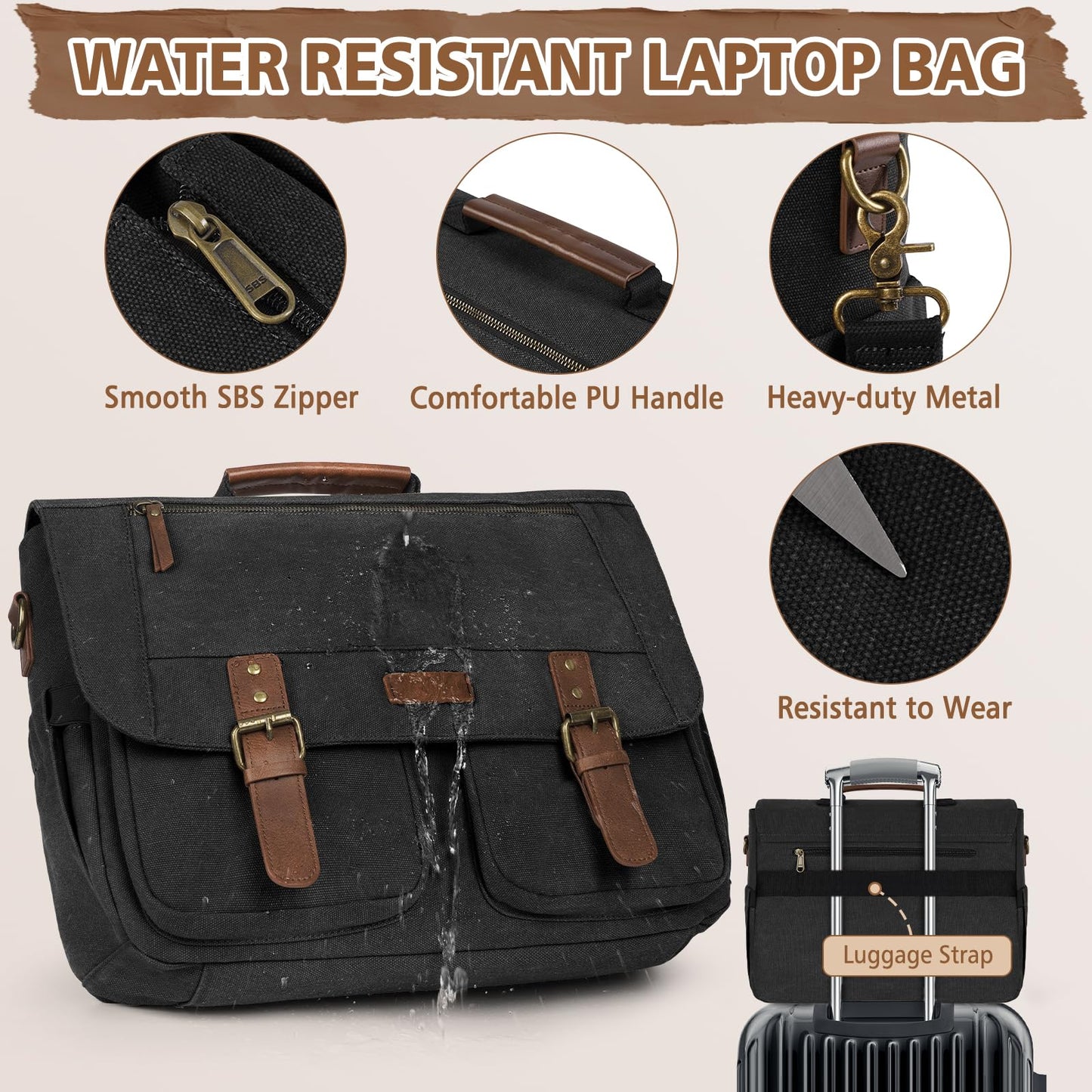 RAINSMORE Messenger Laptop Bag for Men 15.6 Inch , Canvas Briefcase Satchel Computer Shoulder Bag Men's Work Business Office Bag with Padded Compartment, Black