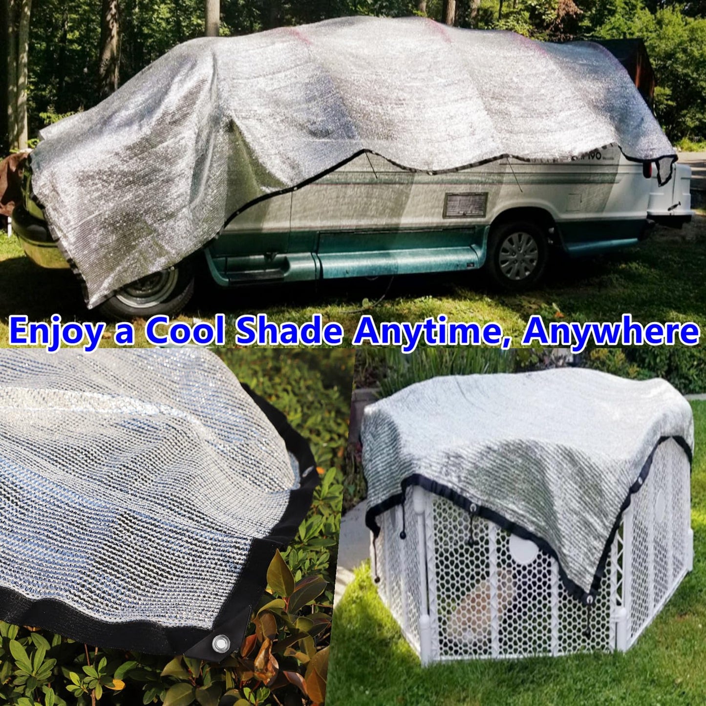 70% Aluminum Shade Cloth 10 FT x 14 FT, Durable Mesh Silver Tarps with Grommets and Ball Bungee,Reflective Sun Shade Net Cover for Pet Shade, Car Cover, Patio Garden, Pergola, Plants Growing, Pools