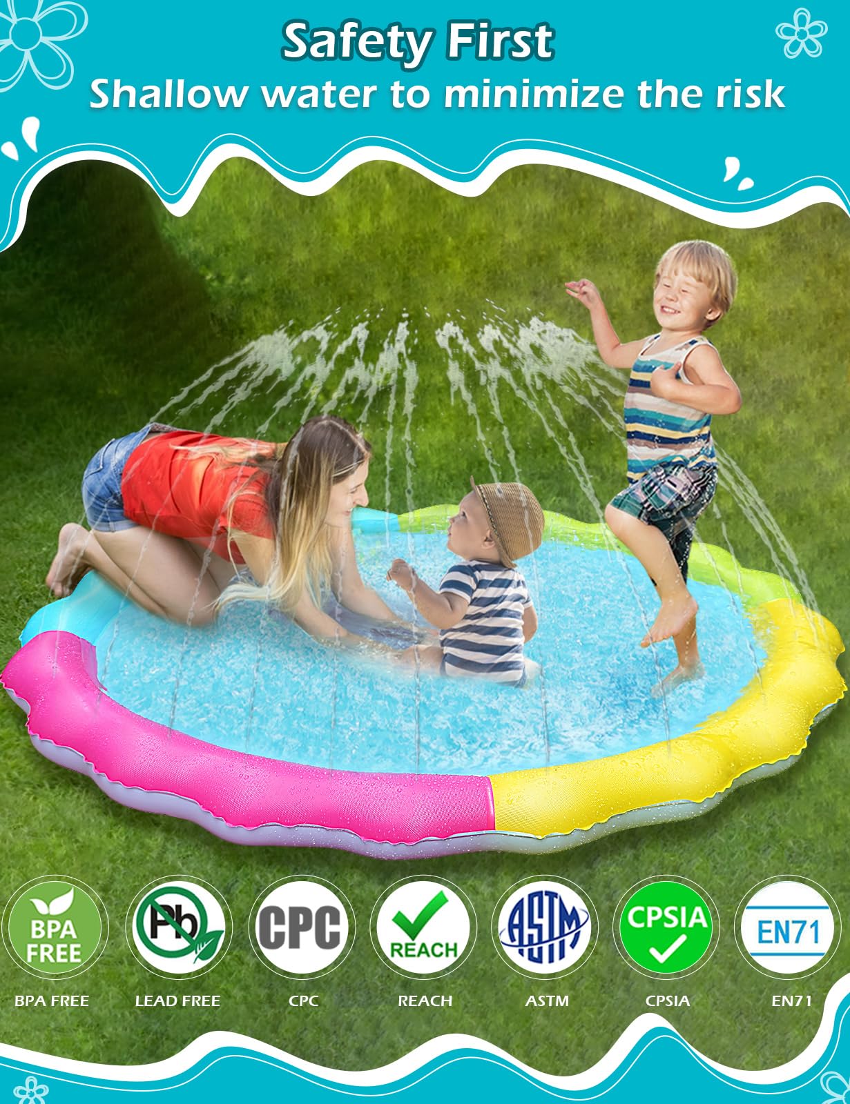 Jasonwell Splash Pad Sprinkler for Kids Play Mat Outdoor Water Toys Inflatable Splash Pad Pool Boys Girls Children Outside Backyard Dog Sprinkler Pool for Age 1 2 3 4 5 6 7 8 9 (Nonslip 67'')