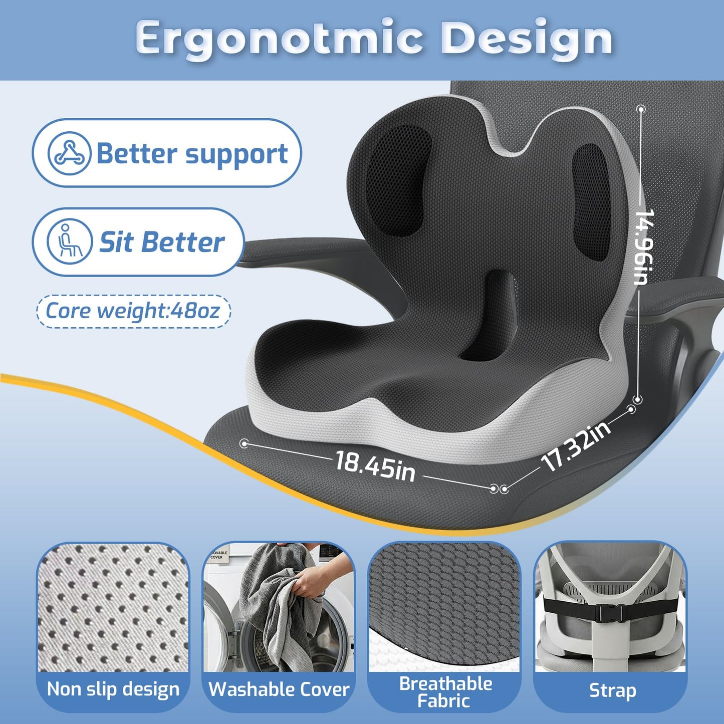 ECONVCE Memory Foam Seat Cushion,Car Chair Cushion with Lumbar Support,Ergonomic Seat Cushion for Sciatica,Back Pressure Pain Relief for Office,Car,Truck