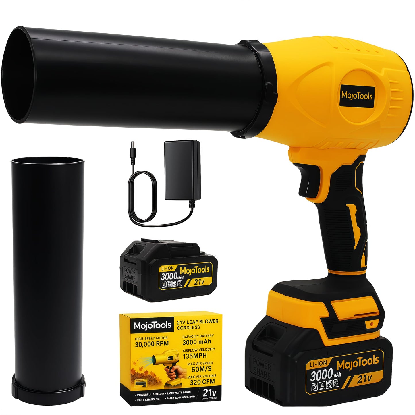 MoJoTools 21V Cordless Leaf Blower with Battery and Charger, 135 MPH 320 CFM Lightweight Handheld Blower, Battery Powered Leaf Blower with Extension Tubes for Patio, Yard, Car & Dust Cleaning