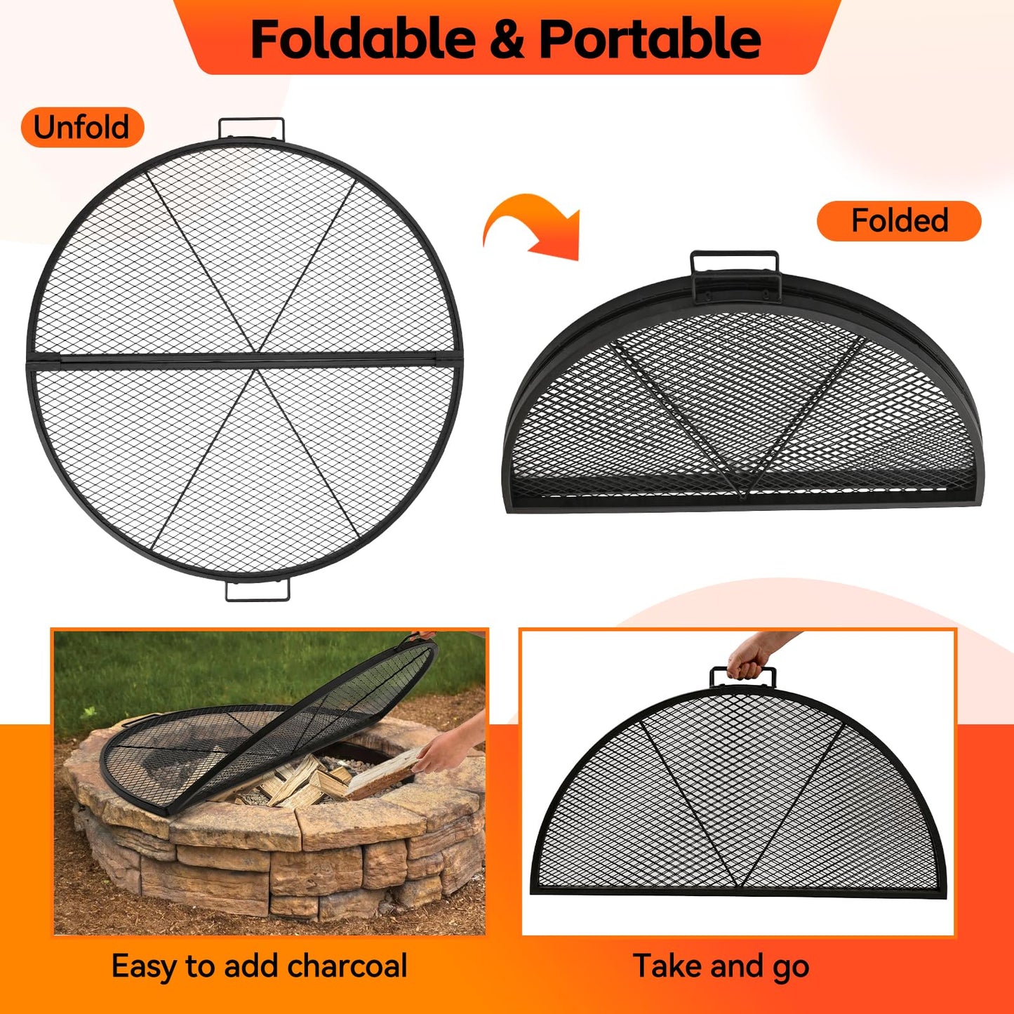 METORICO X-Marks Fire Pit Cooking Grill Grate with Support X Wire - Heavy Duty Folding Round Campfire Grill Grid - Portable Camping Cookware for Outside Party Gathering - 30 inch