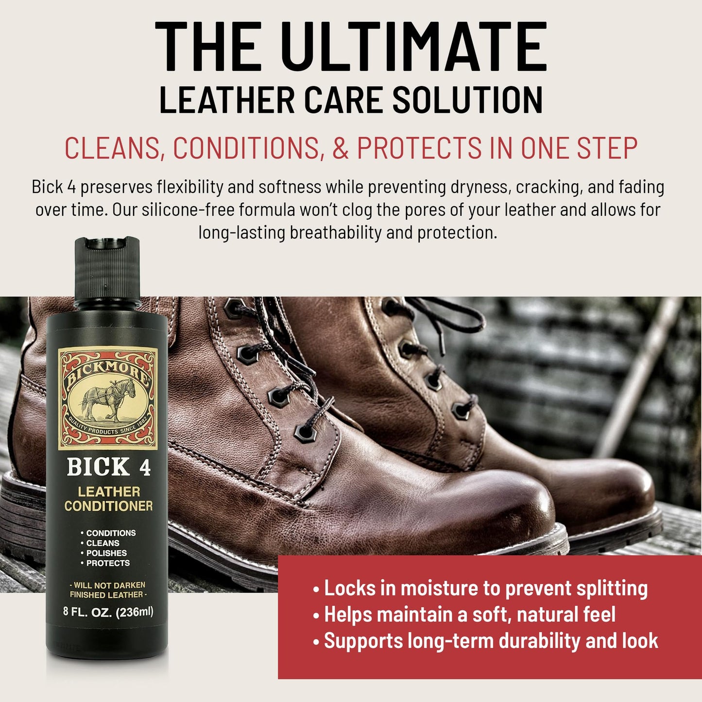 Bickmore Bick 4 Leather Conditioner 8 oz - Best Since 1882 - Cleaner & Conditioner - Restore Polish & Protect All Smooth Finished Leathers