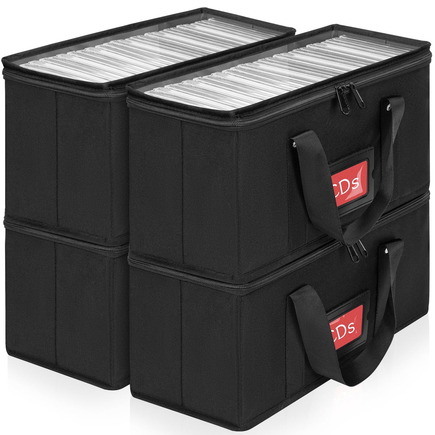 4 Pack CD Storage Boxes, TORIBIO CD Case Holder Organizer with Clear PVC Lid and Index Labels- 13.4"x 6.3"x 5.5" CDs Storage Holder Bags, Each Hold up to 31 CDs Jewel Cases or 170 Discs