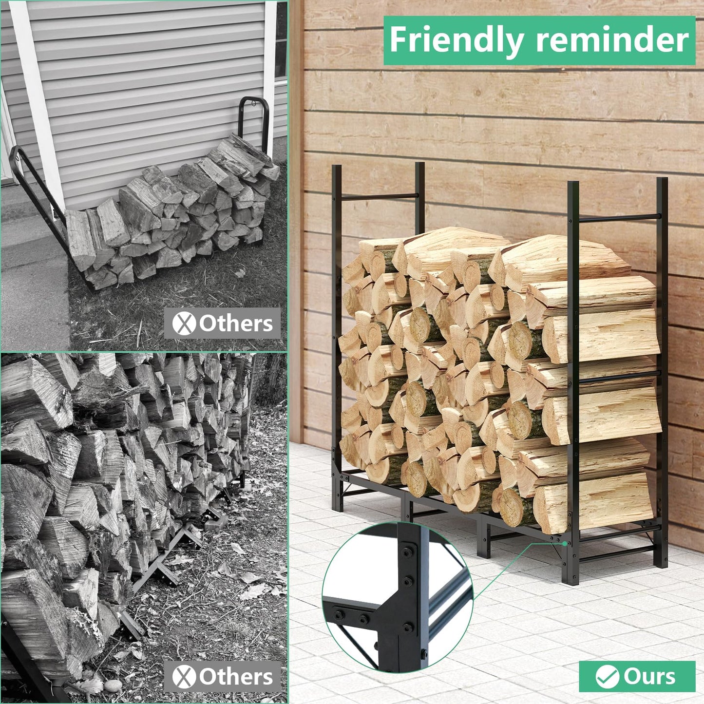 Helios&Hestia 4Ft Outdoor Firewood Rack for Fireplace, Heavy Duty Steel Log Holder, Indoor Wood Pile Storage Organizer, Adjustable Stacker Stand, Black