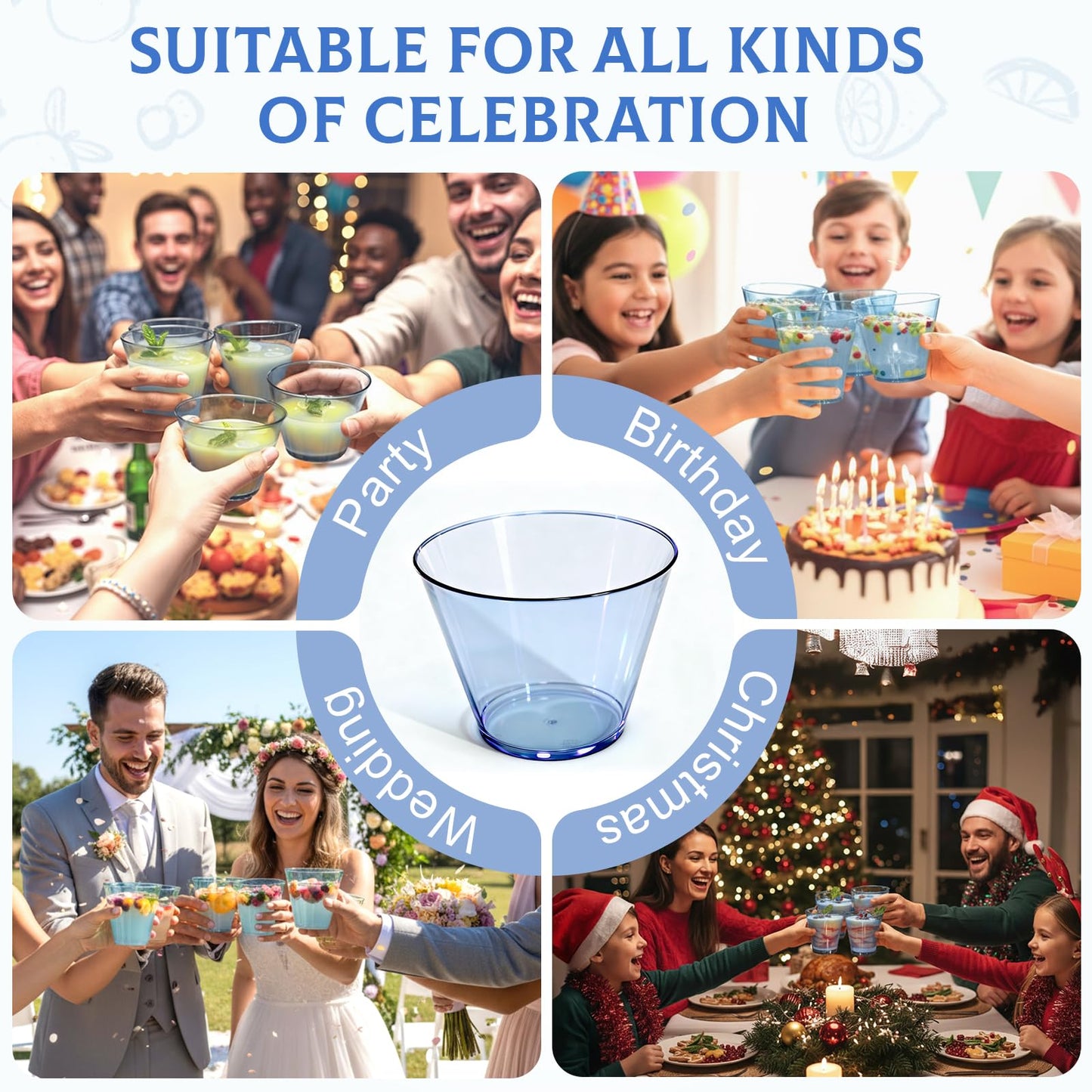 Glowserve 9 oz Clear Plastic Disposable Cups 150 PCS Blue Drinking Glasses for Cold Water Sturdy Plastic Tumblers for Cocktails Cups Bulk for Wedding Thanksgiving Christmas Party