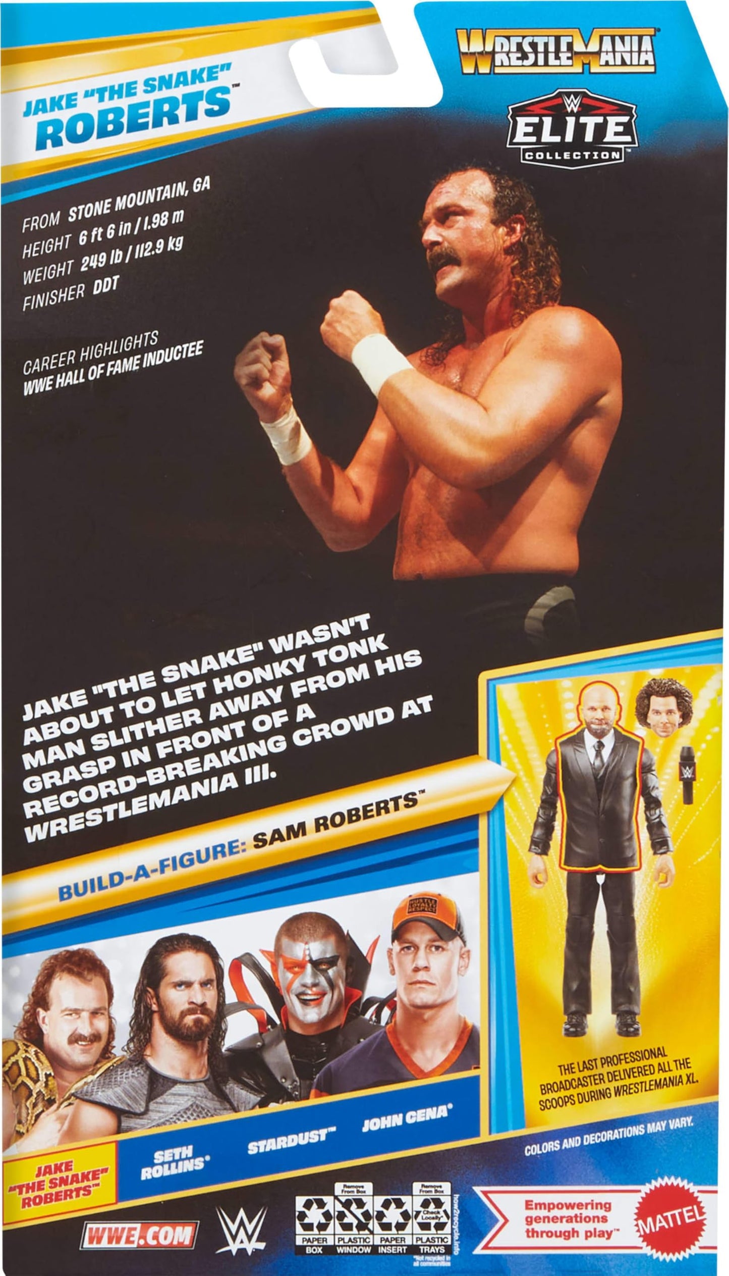 Mattel WWE Elite Collection Action Figure & Accessories, Premium Live Event Jake “The Snake” Roberts Set, Wrestlemania with Sam Roberts Build-A-Figure Parts