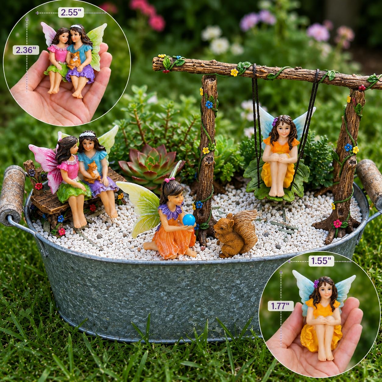 Mood Lab Fairy Garden Swing Set - Miniature Figurines & Accessories (6 pcs) - Indoor Outdoor Garden Decor