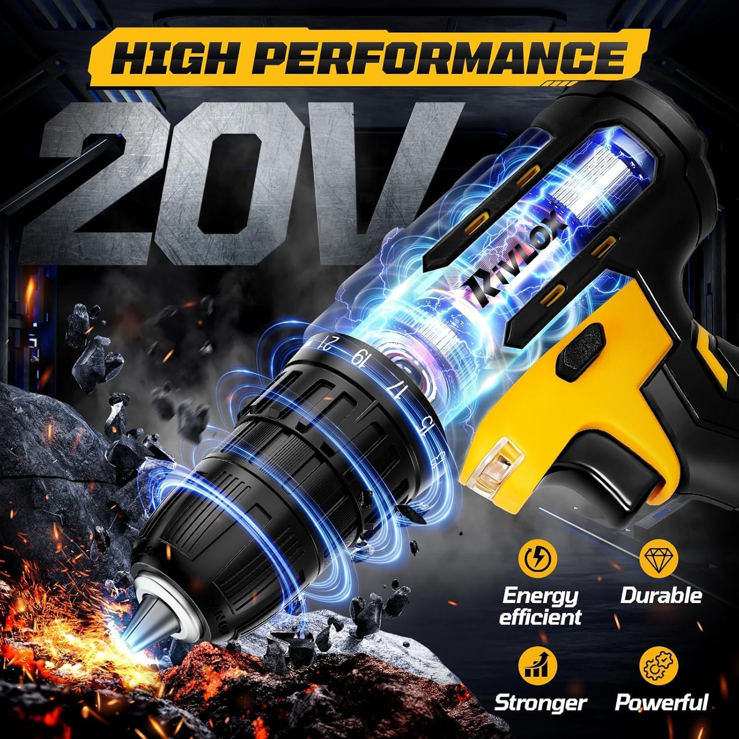 20V Cordless Drill Set, 21+1Torque, Electric Power Drill Cordless, Electric Screwdriver with 1300mAh Battery and 2A Charger, 23pcs Drill Bit Set with LED Light for DIY Projects, Yellow
