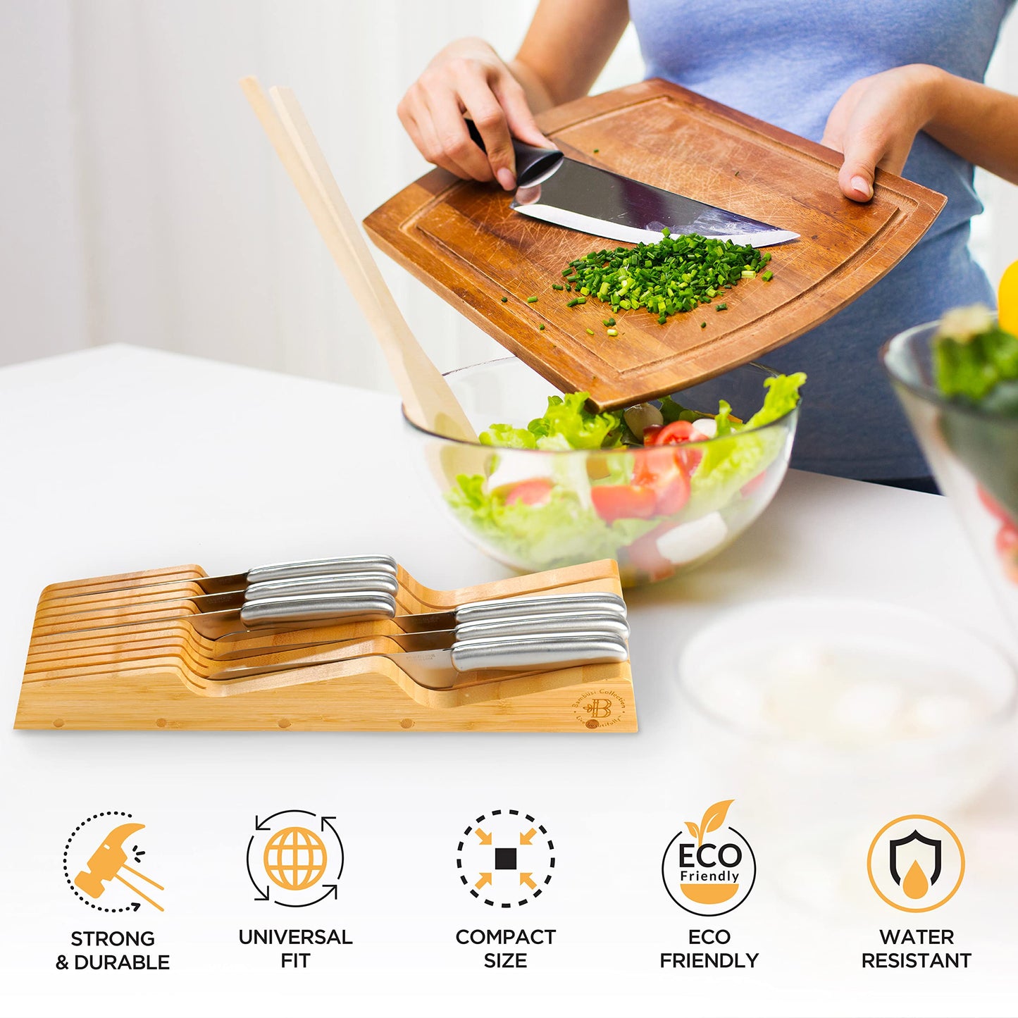 Knife Drawer Organizer - Bamboo in-Drawer Knife Block Holder for Kitchen, Wooden Knife Organizer Drawer Insert, Knife Storage Drawer Block for Steak, Chef, Utility Knives, Holds up to 16 Short Knives